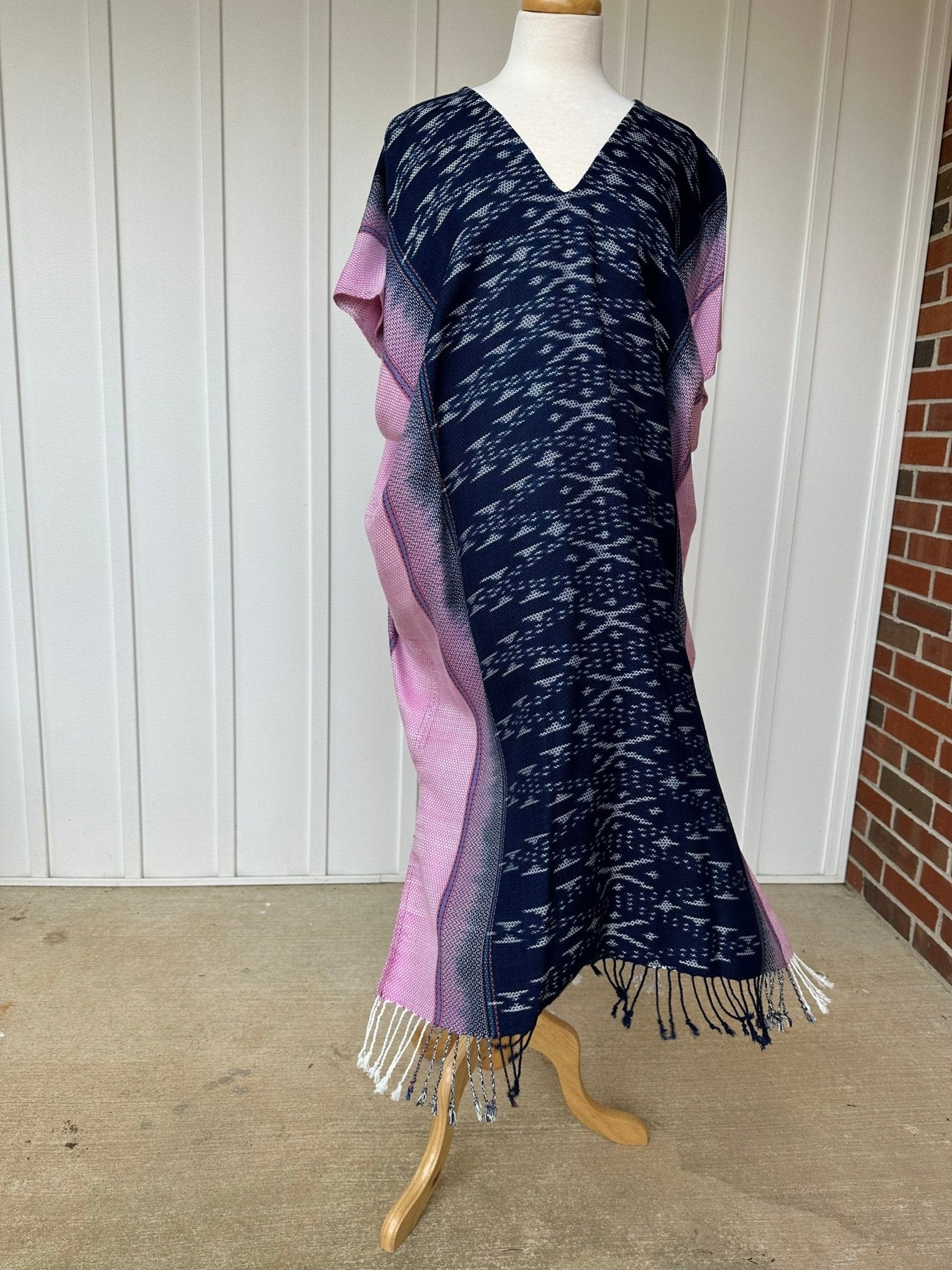 MALA handworks  Ikat Hand Woven Pattern Kaftan in Indigo Blue with White and Organic Dye