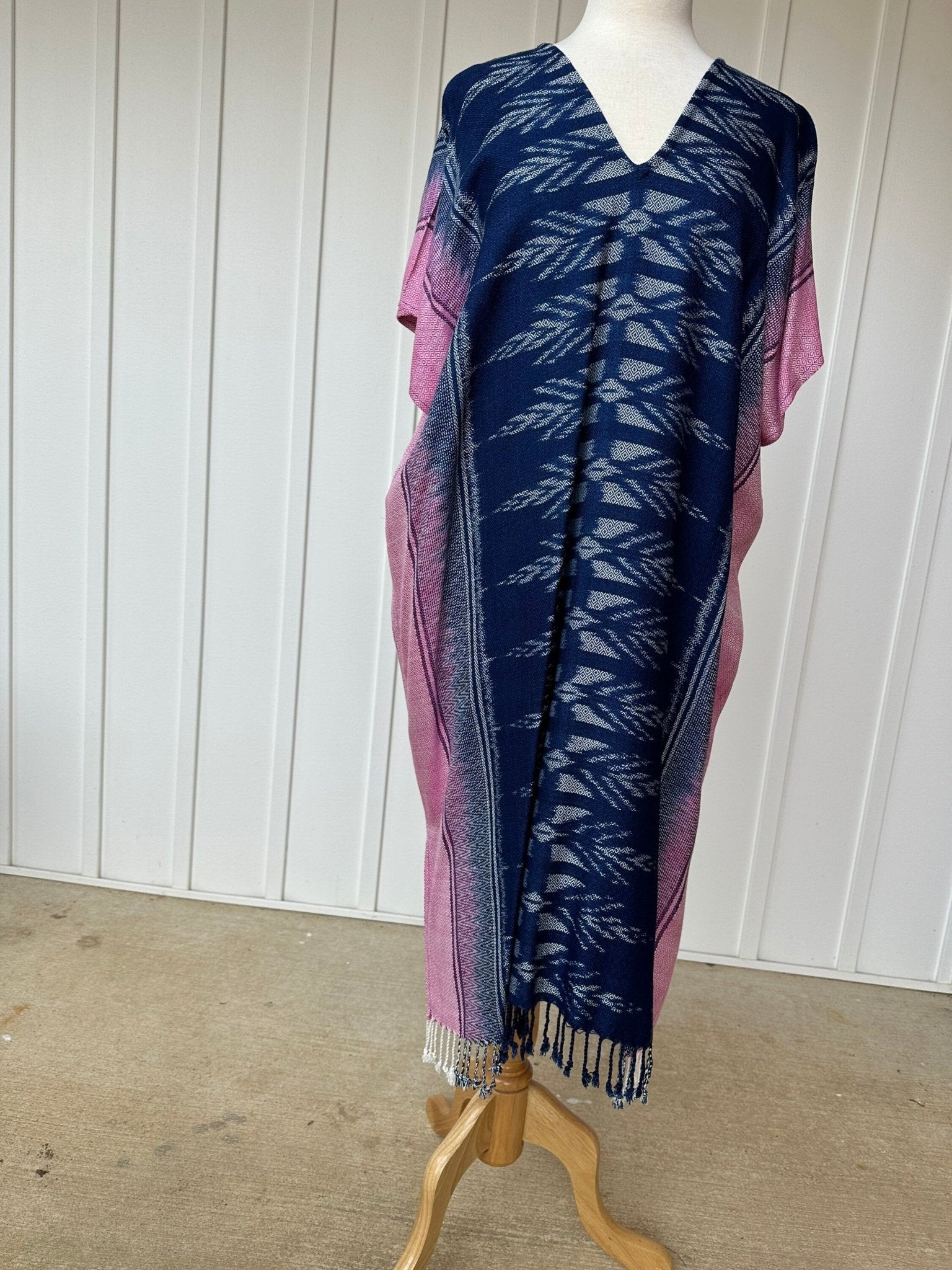 MALA handworks  Ikat Hand Woven Pattern Kaftan in Indigo Blue with White and Organic Dye