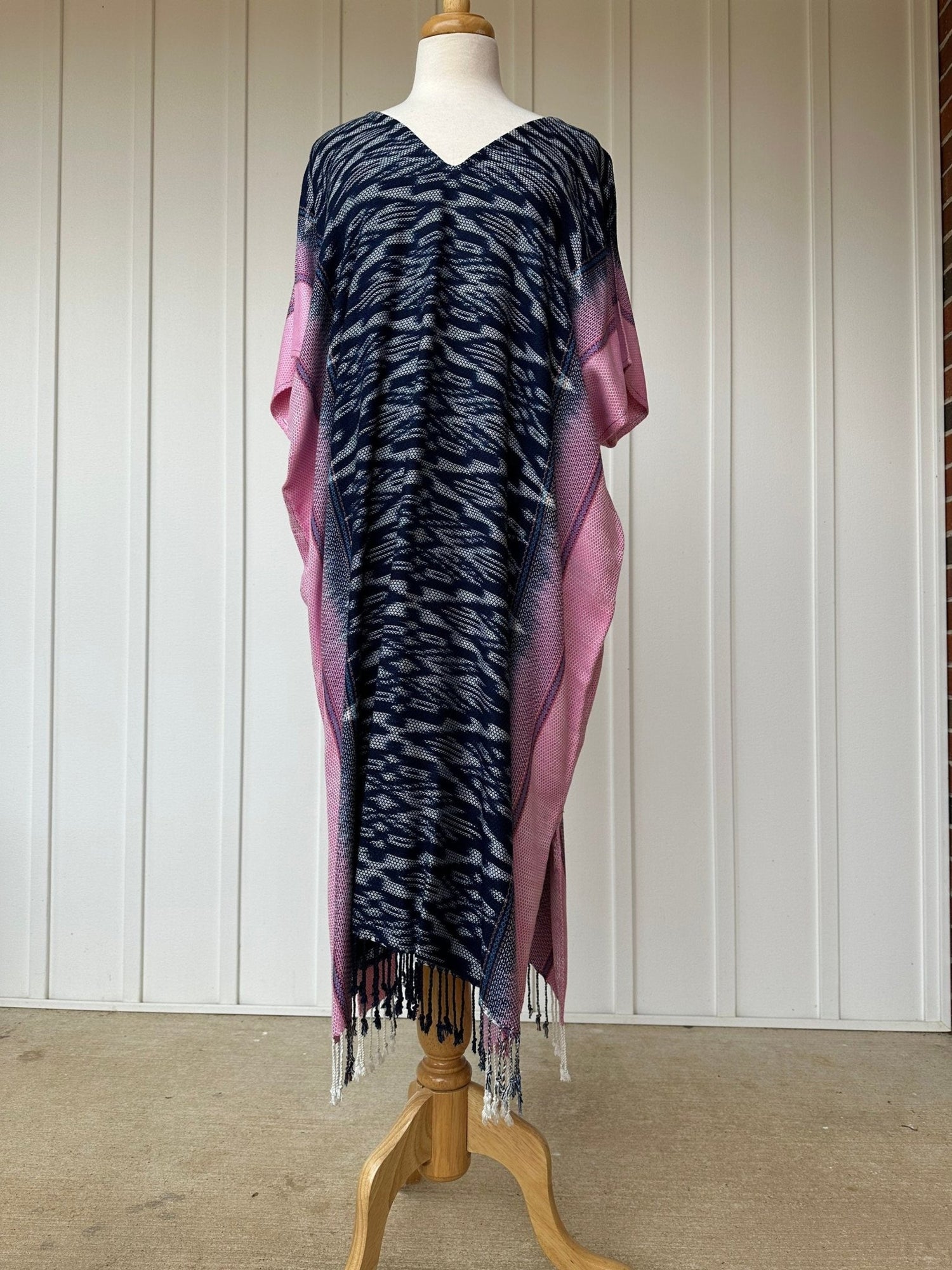 MALA handworks  Ikat Hand Woven Pattern Kaftan in Indigo Blue with White and Organic Dye