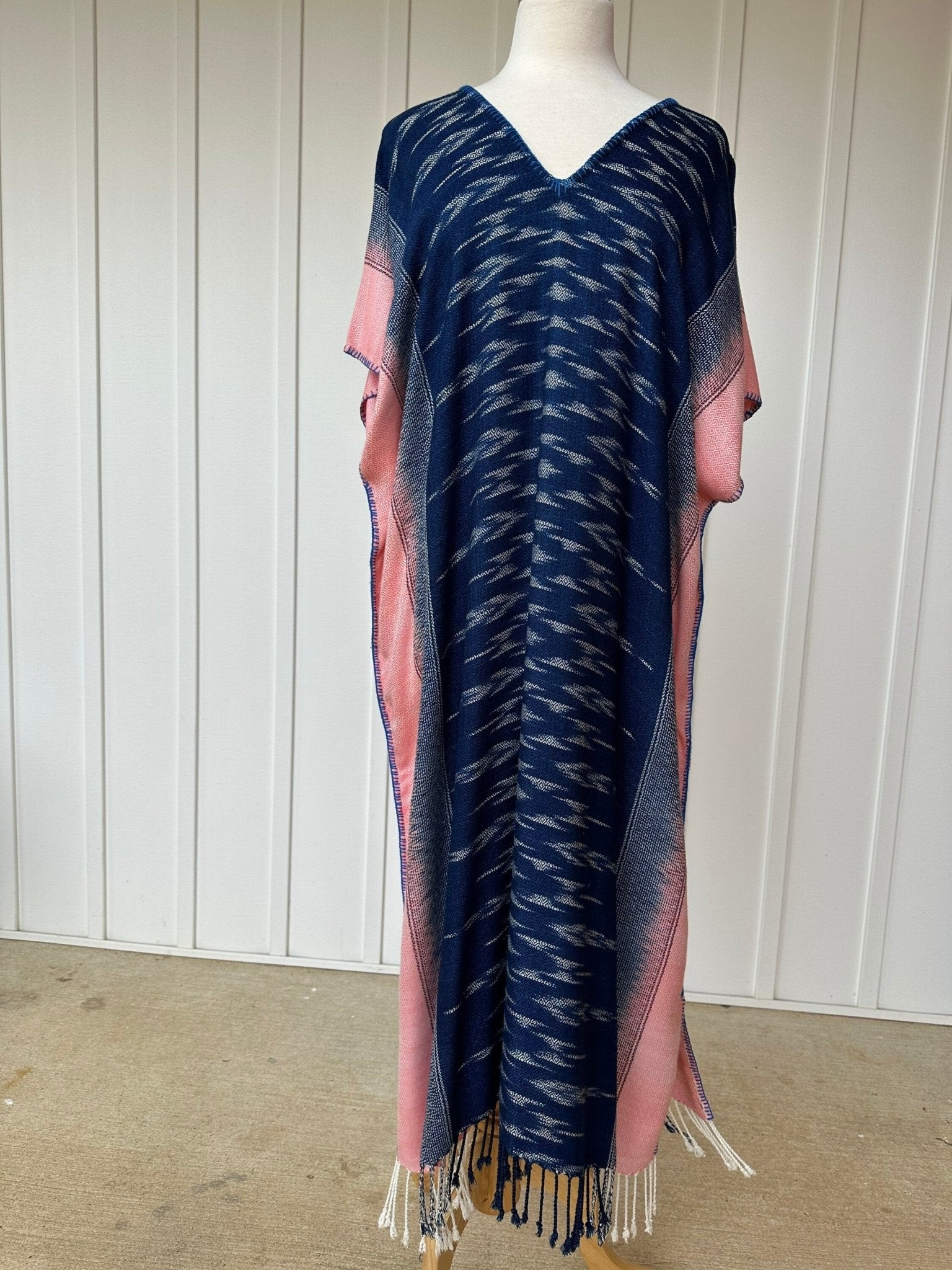 MALA handworks  Ikat Hand Woven Pattern Kaftan in Indigo Blue with White and Organic Dye