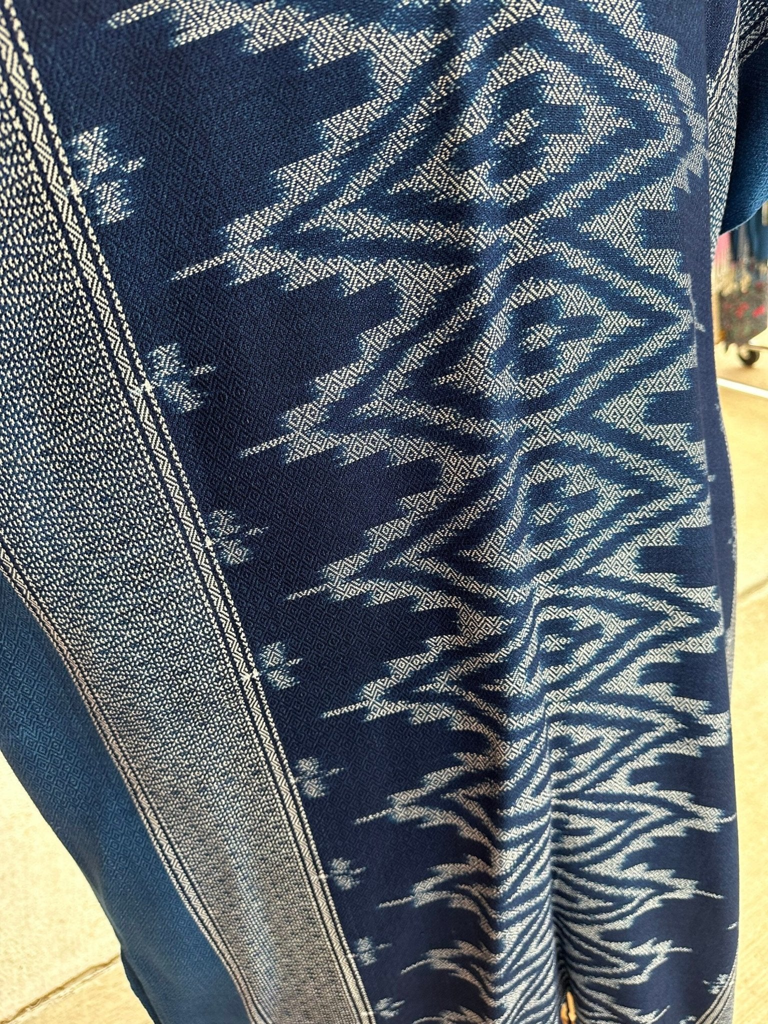 MALA handworks  Ikat Hand Woven Pattern Kaftan in Indigo Blue with White and Organic Dye