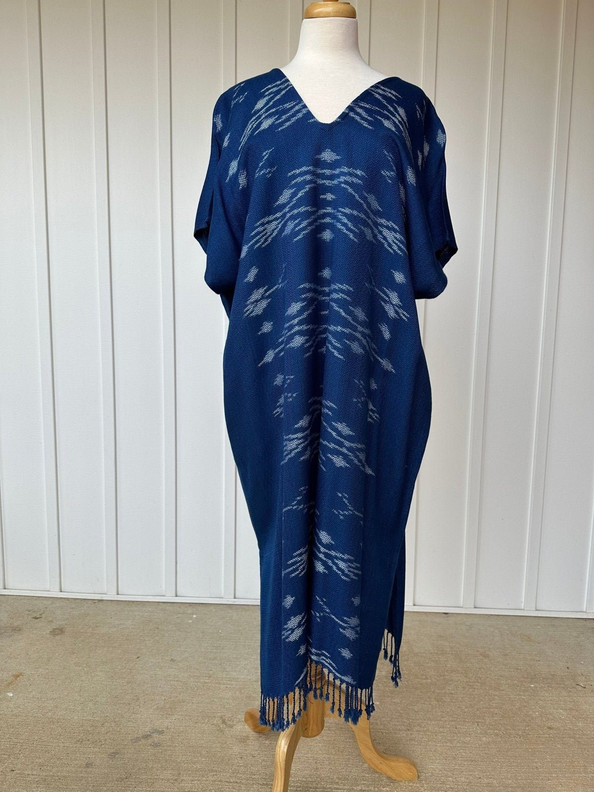 MALA handworks  Ikat Hand Woven Pattern Kaftan in Indigo Blue with White and Organic Dye