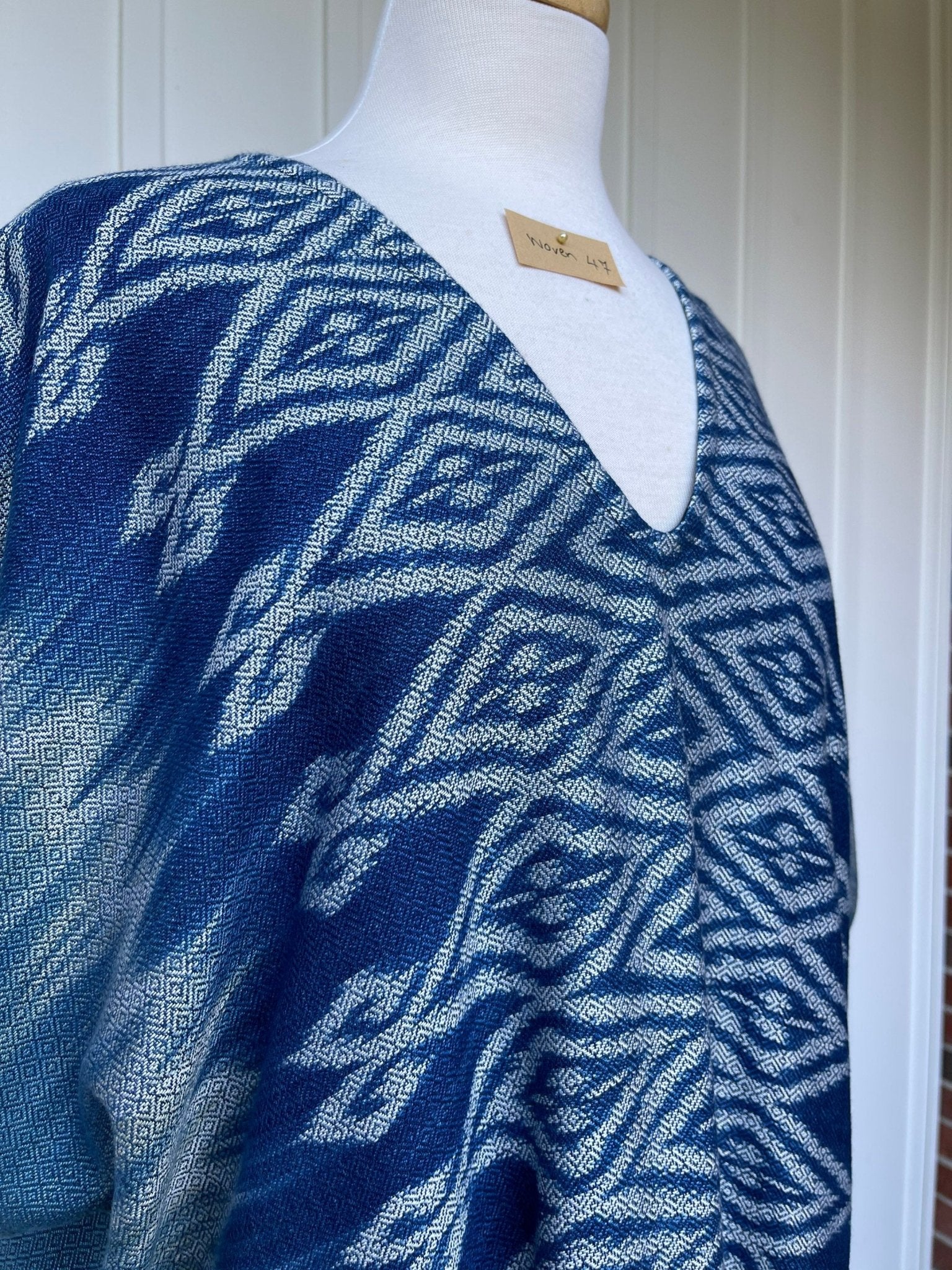 MALA handworks  Ikat Hand Woven Pattern Kaftan in Indigo Blue with White and Organic Dye