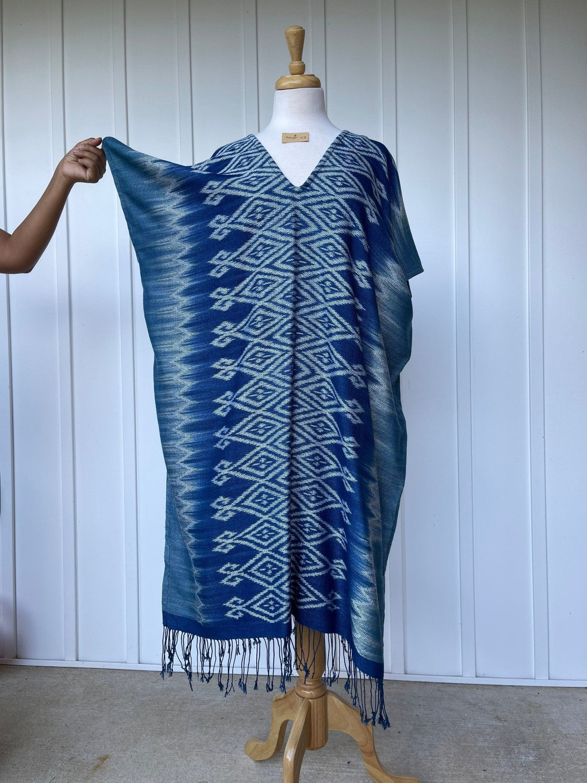 MALA handworks  Ikat Hand Woven Pattern Kaftan in Indigo Blue with White and Organic Dye