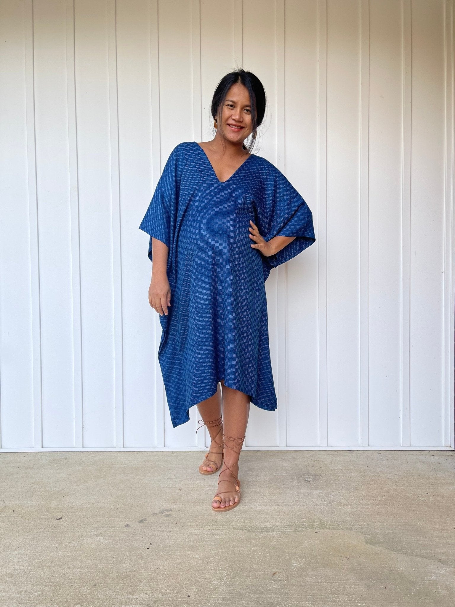 MALA handworks  Ikat Hand Woven Pattern Kaftan in Indigo Blue with White and Organic Dye