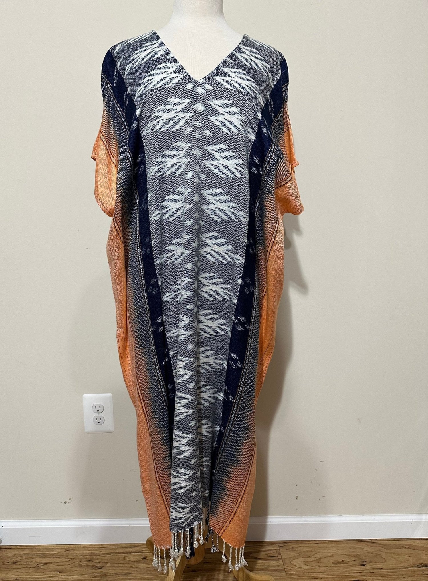 MALA handworks  Ikat Hand Woven Pattern Kaftan in Indigo Blue with White and Organic Dye