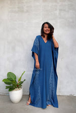 MALA handworks  Ikat Hand Woven Pattern Kaftan in Indigo Blue with White and Organic Dye