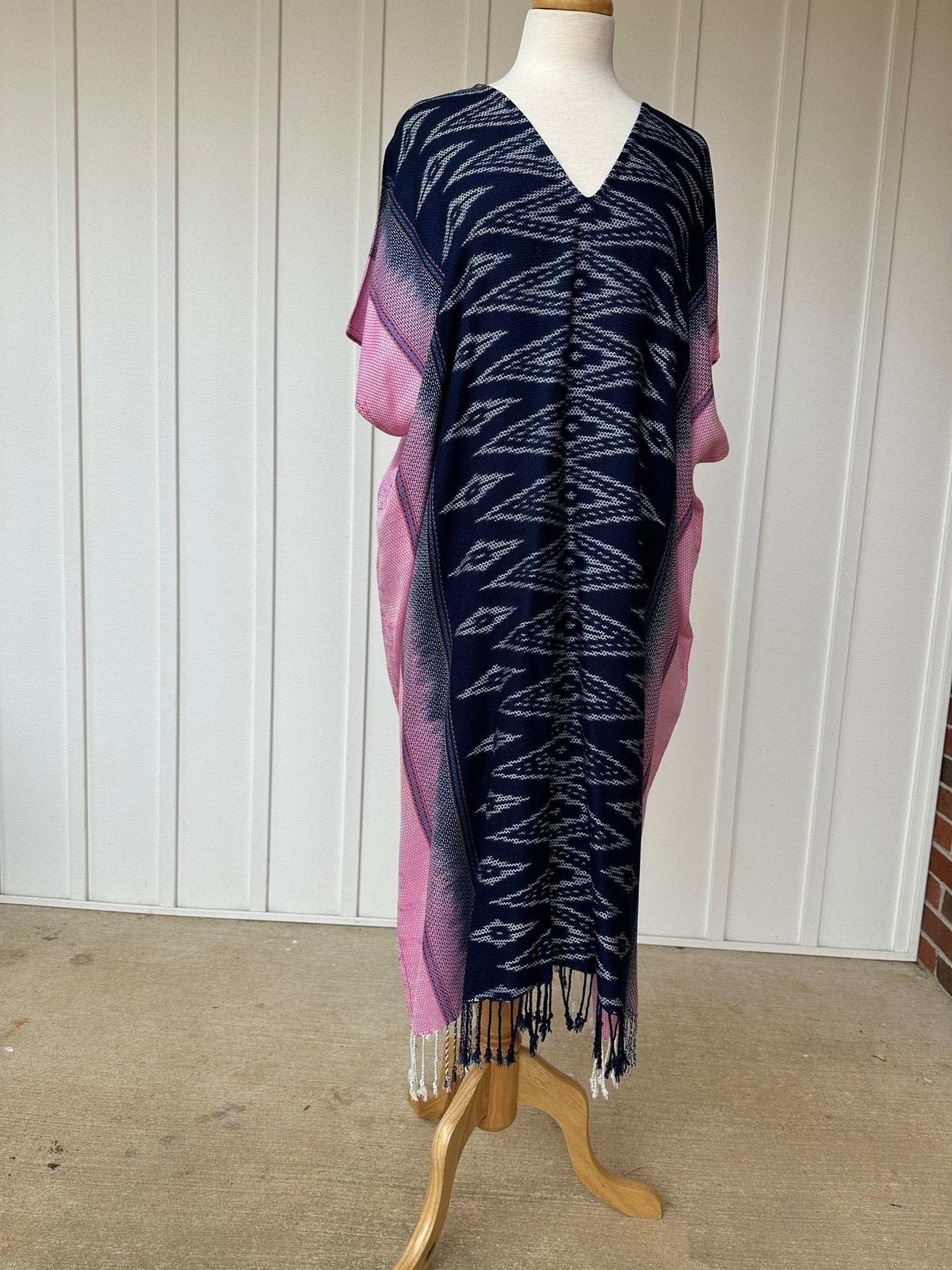 MALA handworks  Ikat Hand Woven Pattern Kaftan in Indigo Blue with White and Pink Organic Dye