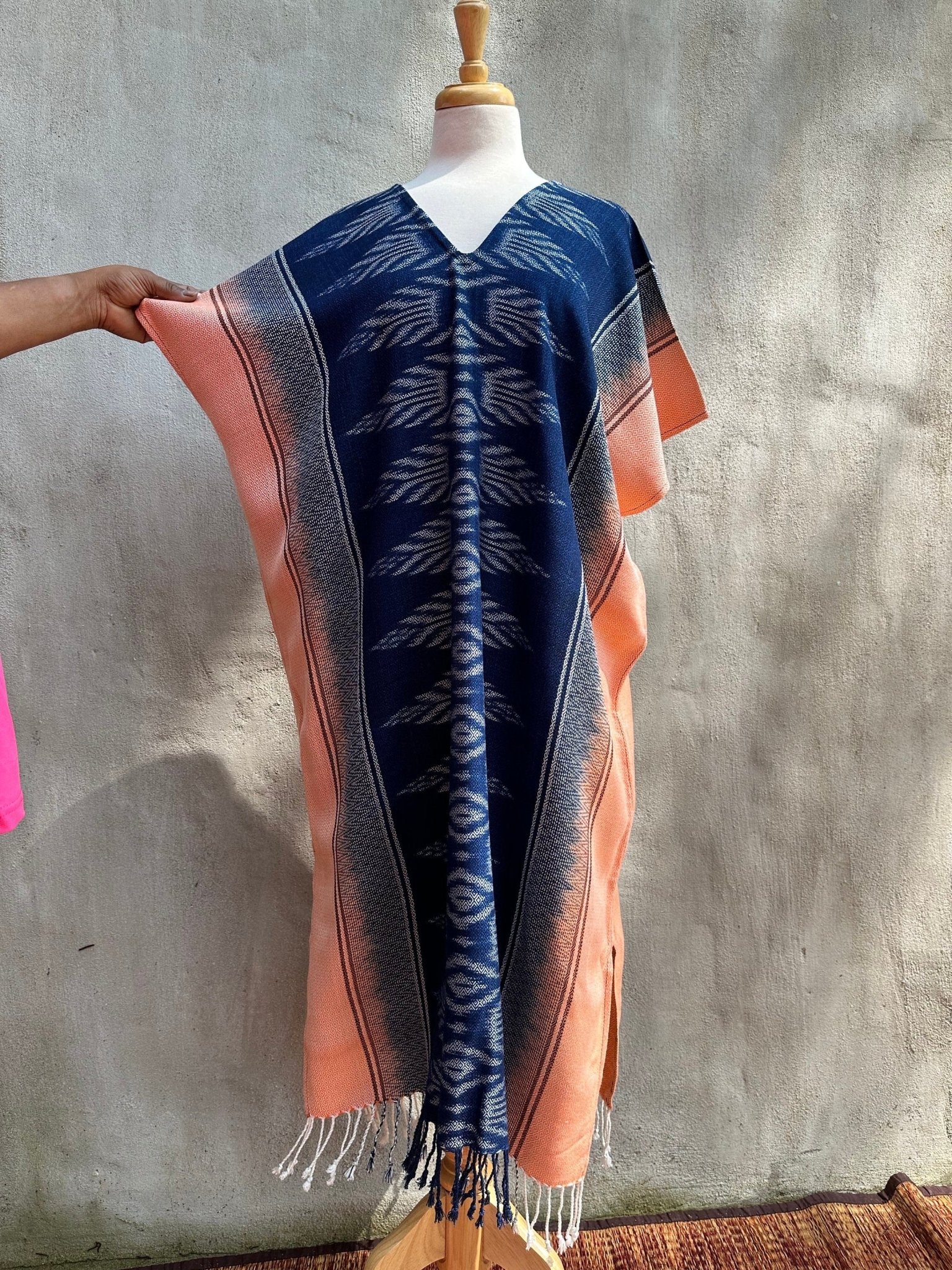 MALA handworks  Ikat Hand Woven Pattern Kaftan in Indigo Blue with White and Salmon Pink