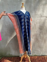 MALA handworks  Ikat Hand Woven Pattern Kaftan in Indigo Blue with White and Salmon Pink