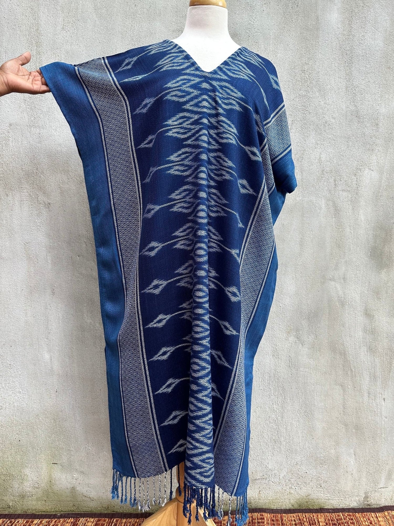 MALA handworks  Ikat Hand Woven Pattern Kaftan in Indigo Blue with White