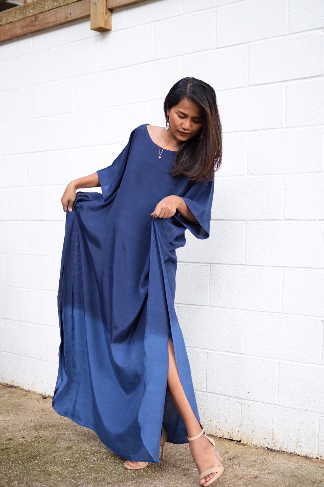 Cora Hand Painted Kaftan in Indigo Blue