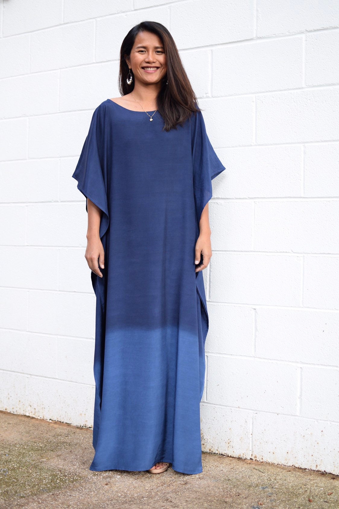 Cora Hand Painted Kaftan in Indigo Blue
