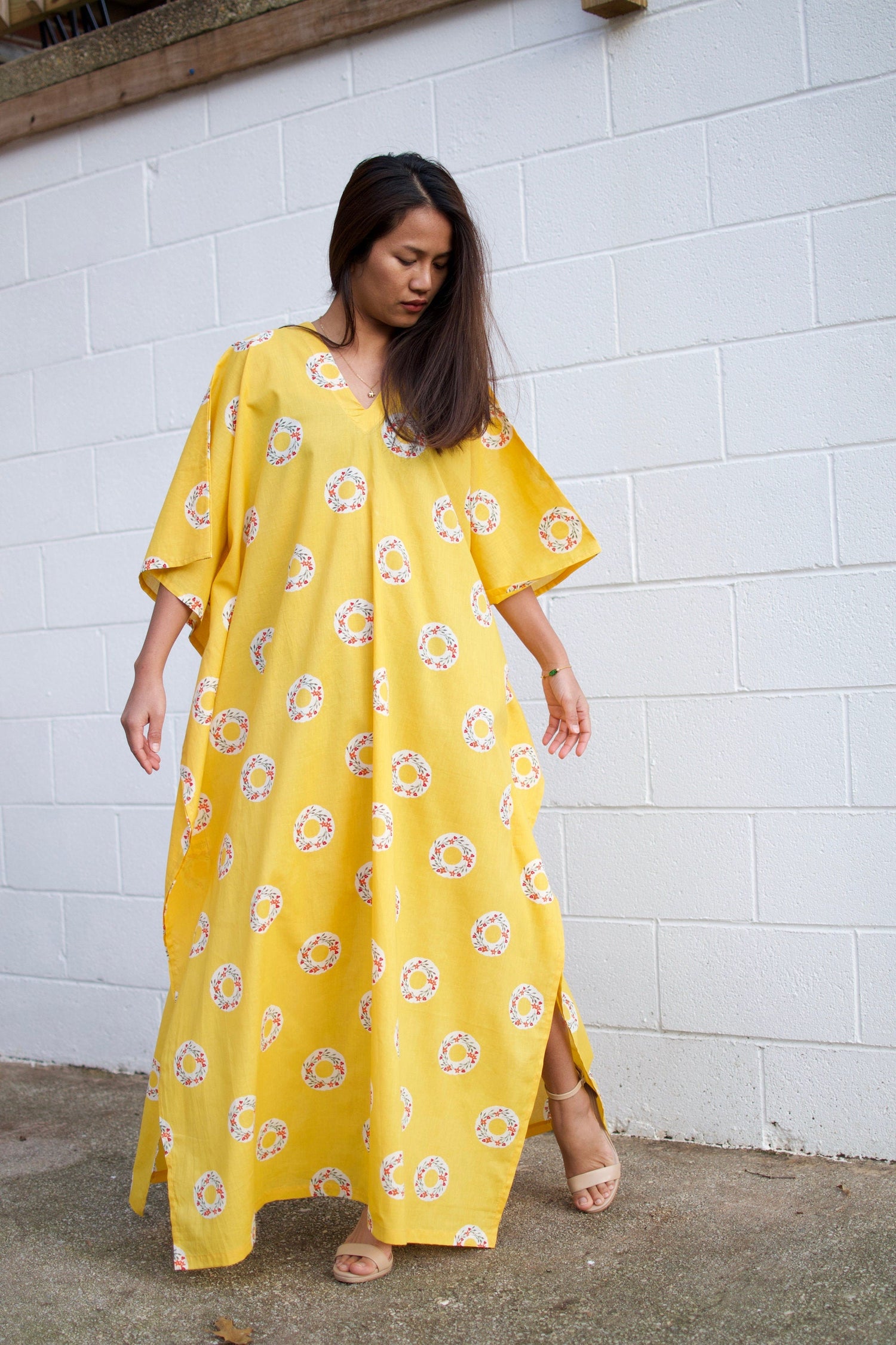 Evelyn Cotton Kaftan in Golden Block Print
