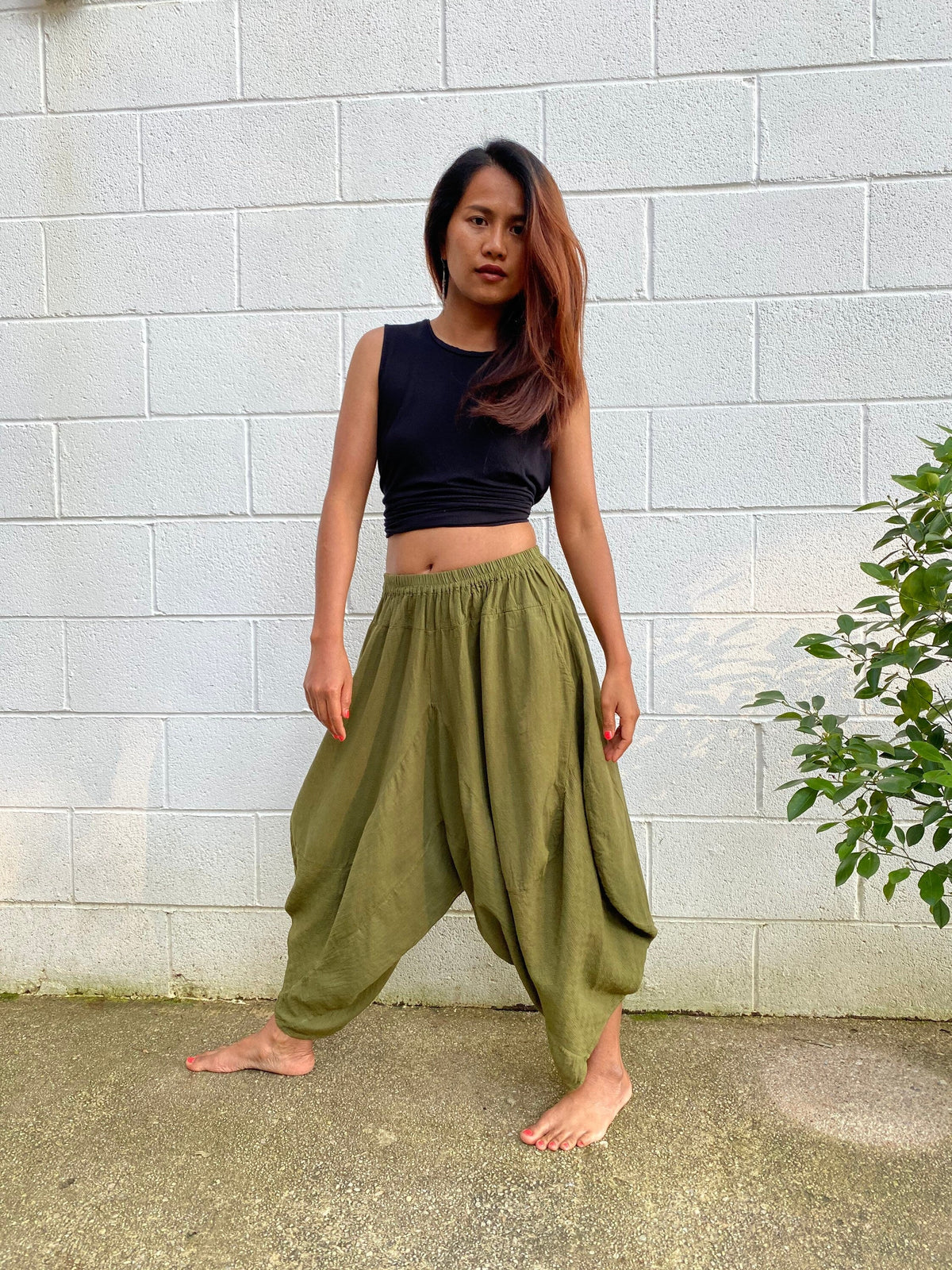 Daisy Cotton Harem Pants in Olive