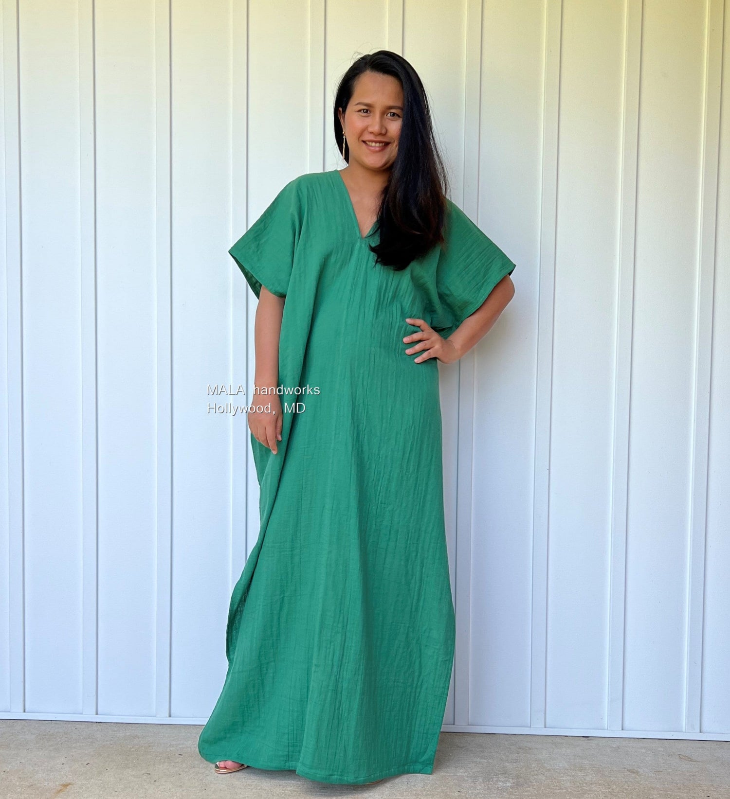 Gloria Double Gauze Cotton Kaftan in Emerald Green