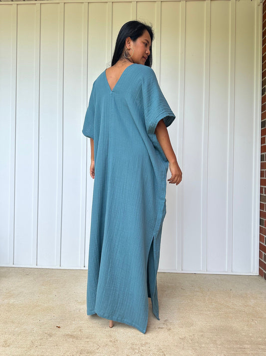 Gloria Double Gauze Cotton Kaftan in Teal Blue