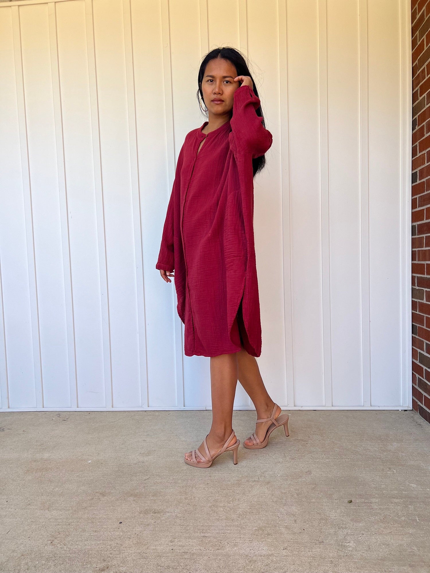 Aura Midi Double Gauze Cotton Shirt Dress in Merlot