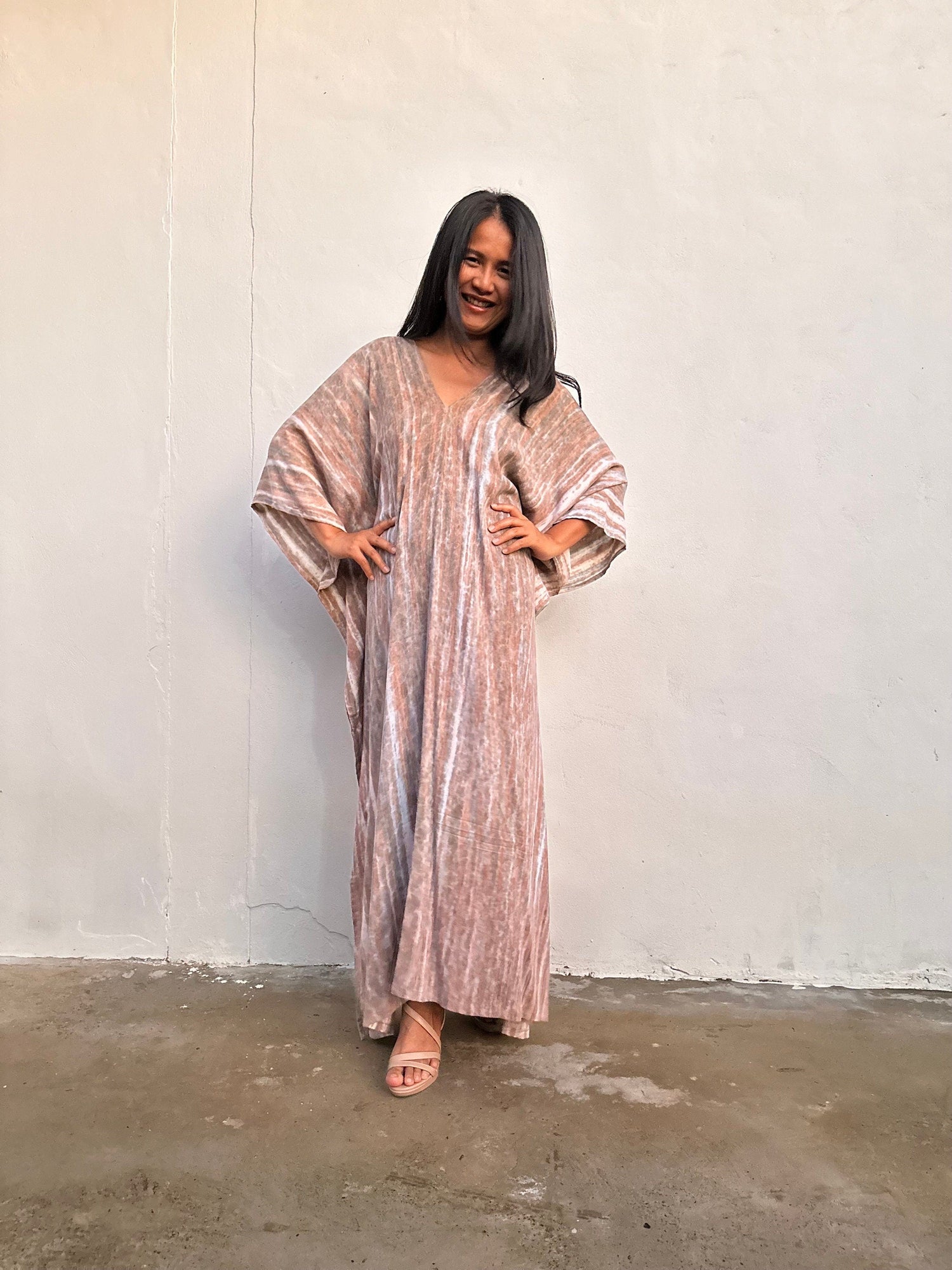 Amina Hand-Painted Kaftan - Tan Striped Pattern