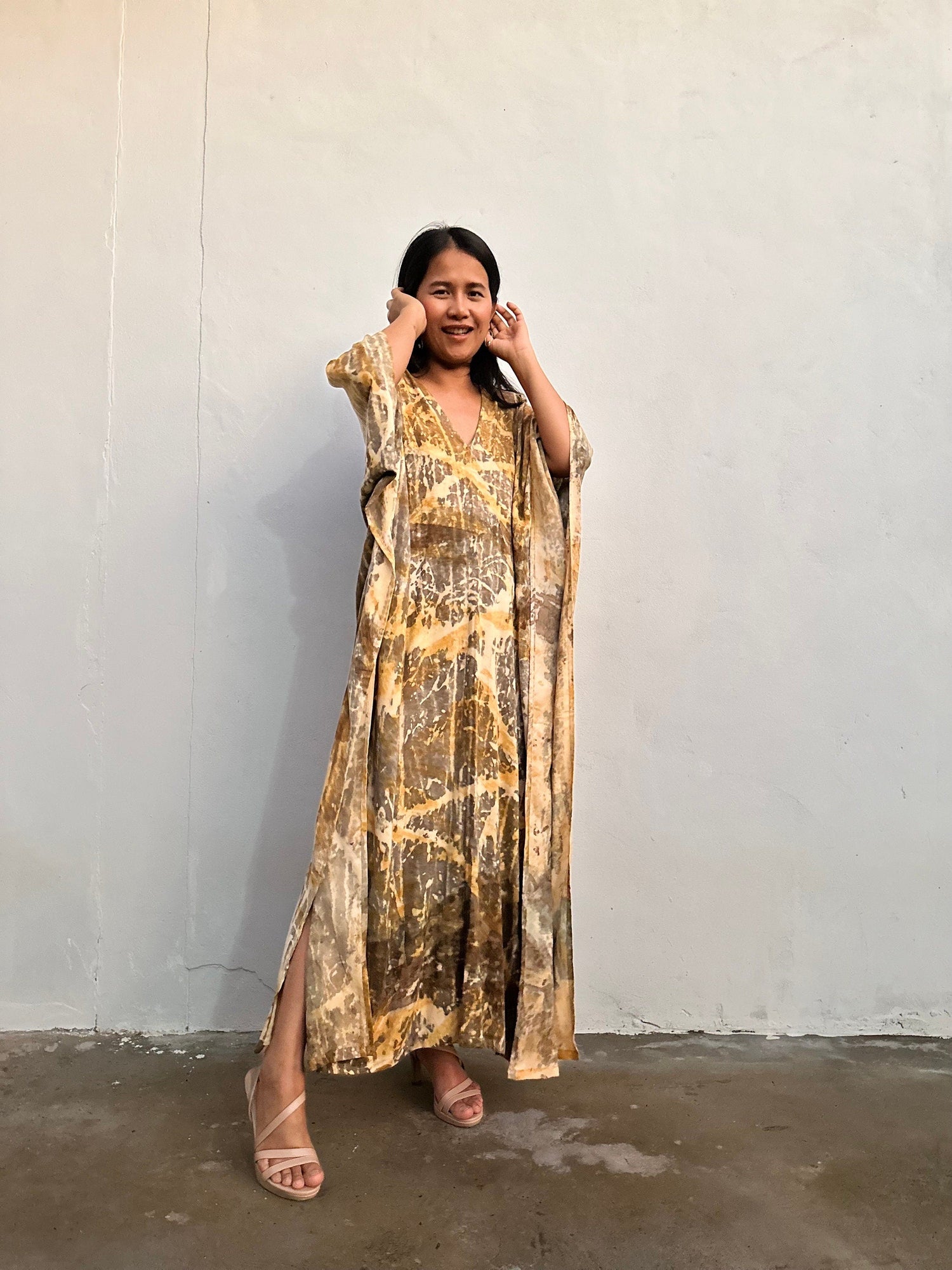 Amina Hand-Painted Kaftan - Yellow and Tan Abstract Pattern