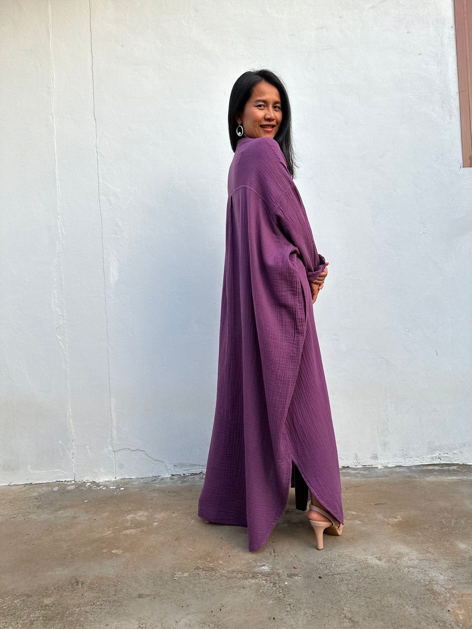 Aura Double Gauze Cotton Shirt Dress in Plum