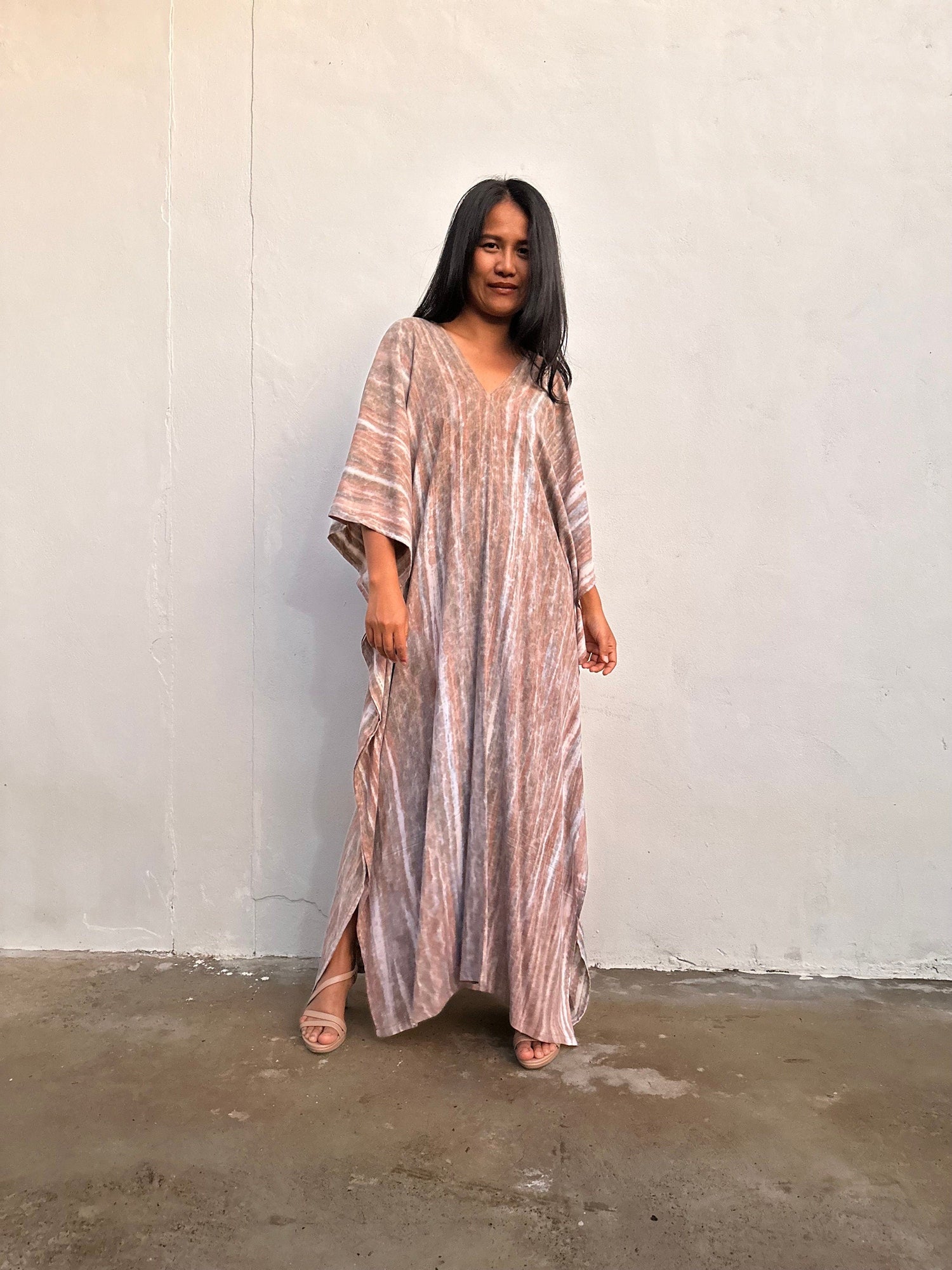 Amina Tan Striped Kaftan front view