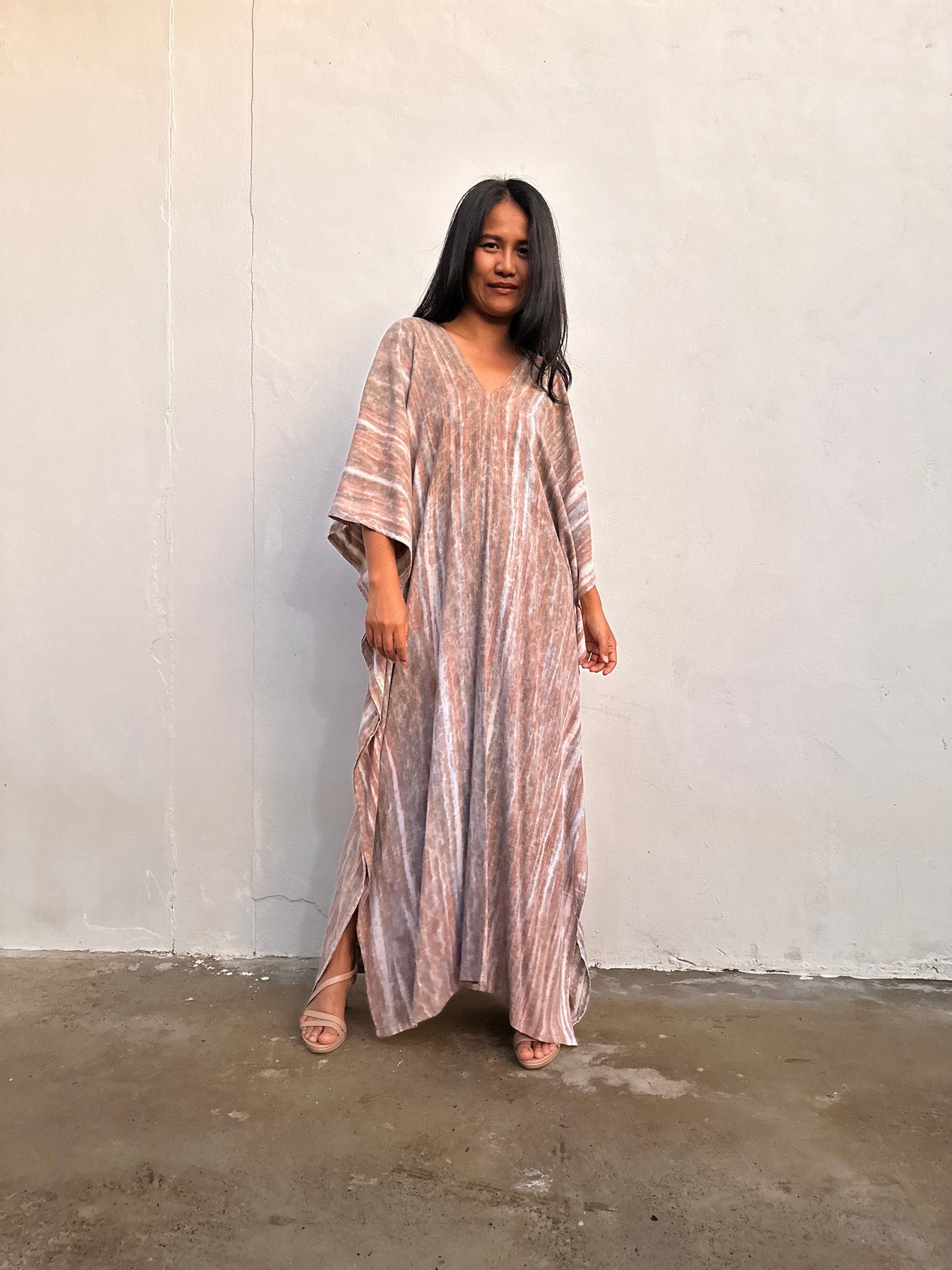 Amina Tan Striped Kaftan front view