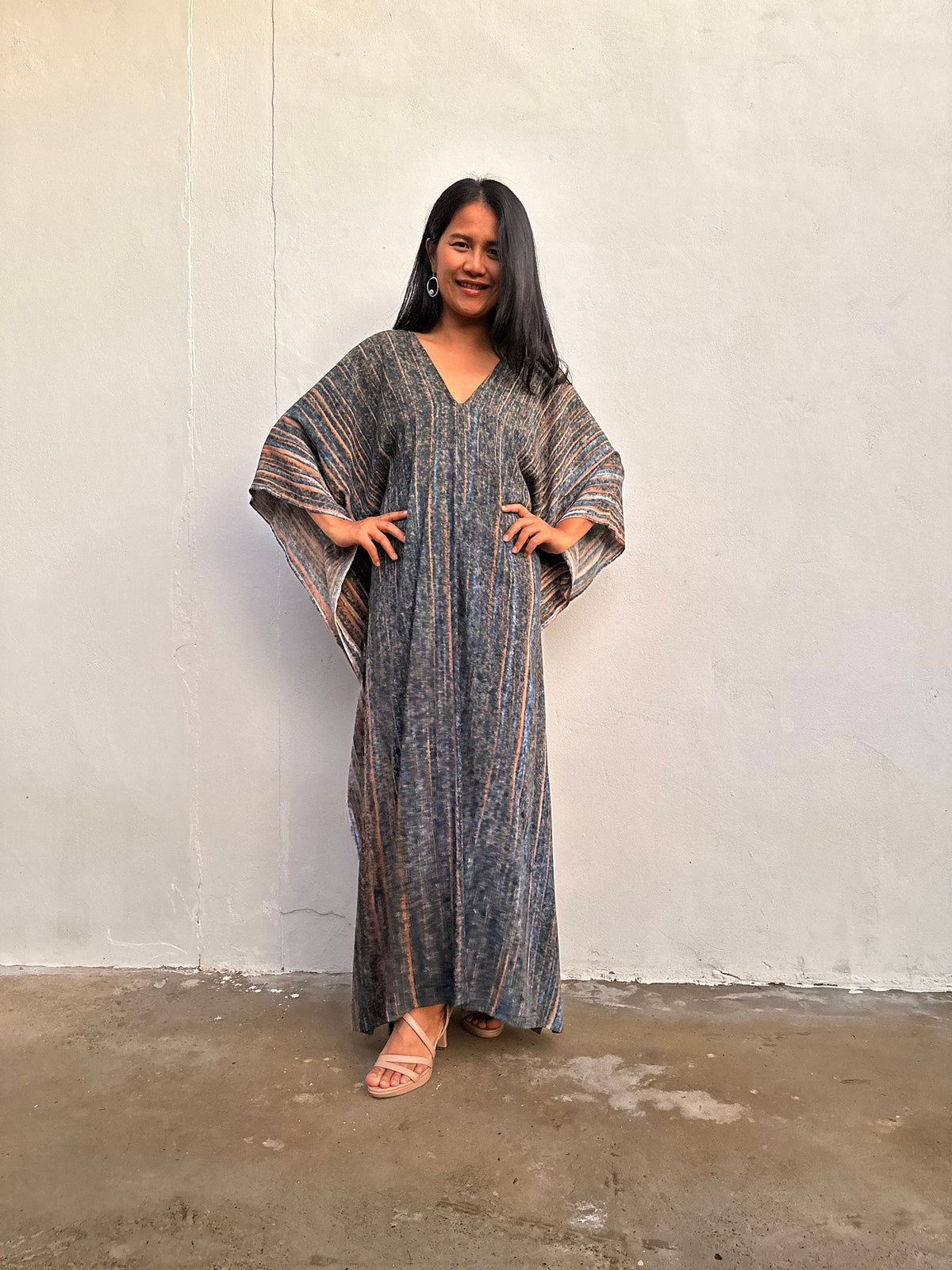 Amina Gray and Tangerine Striped Kaftan front view