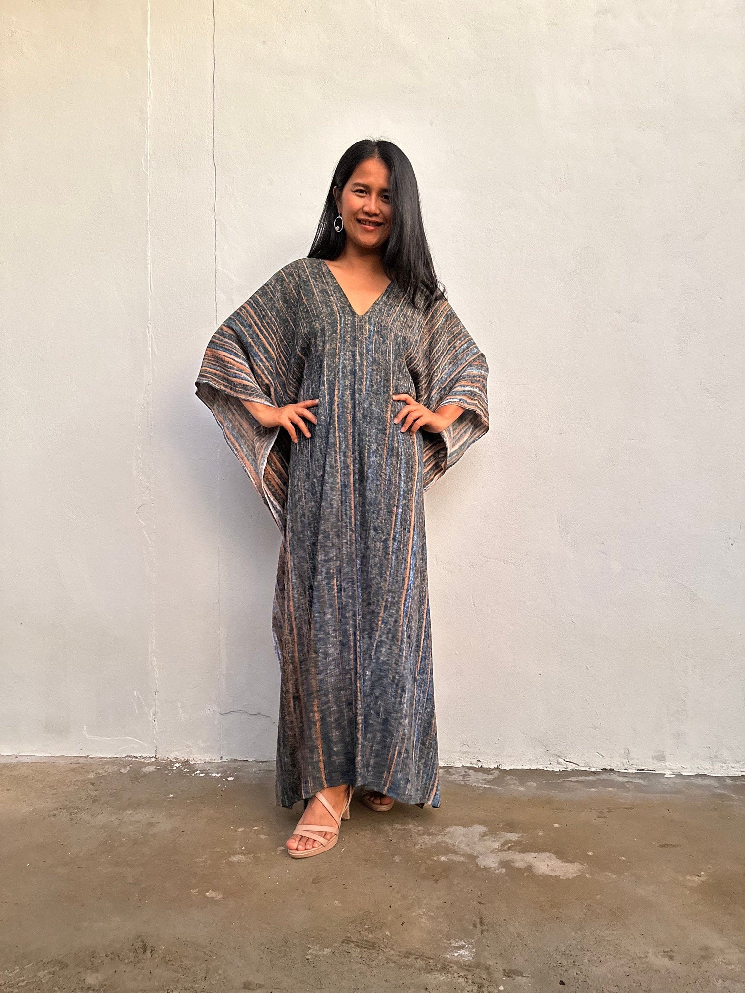 Amina Gray and Tangerine Striped Kaftan front view