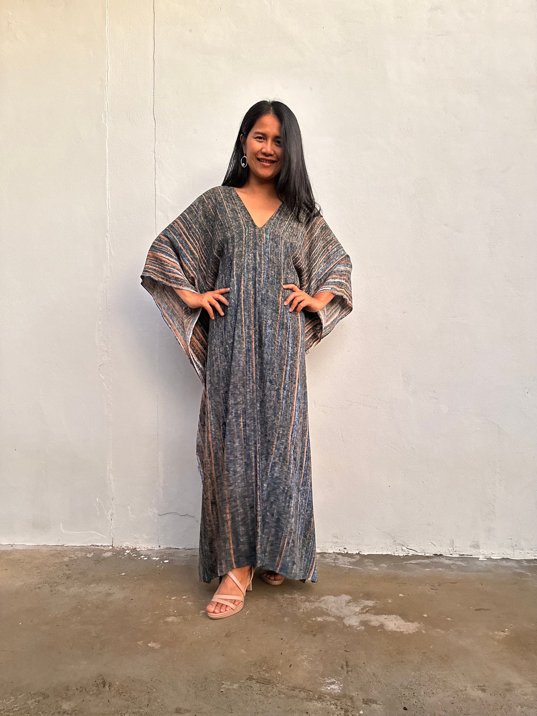 Amina Gray and Tangerine Striped Kaftan front view