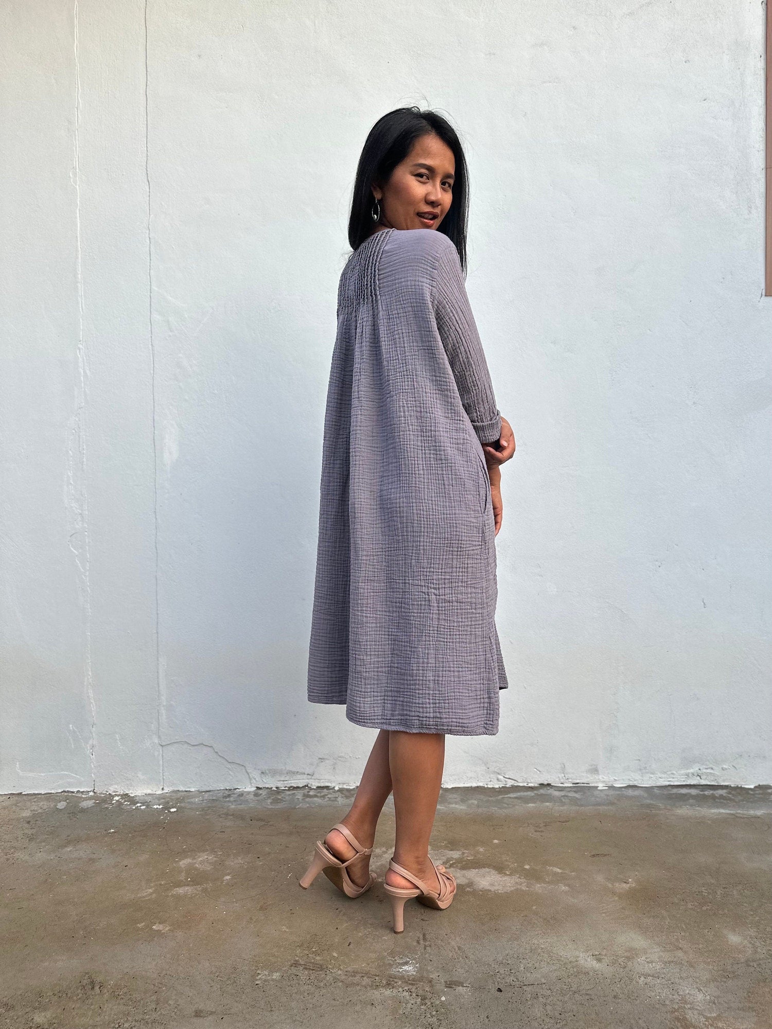 Bree Double Gauze Cotton Dress in Taupe
