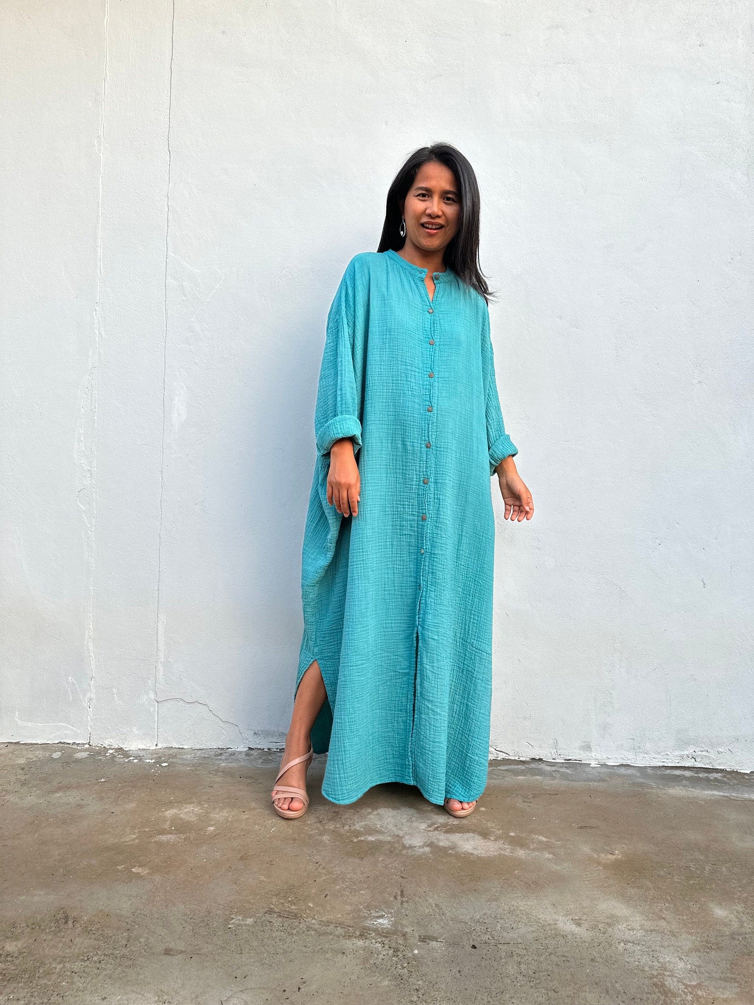 Aura Double Gauze Cotton Maxi Shirt Dress in Turquoise