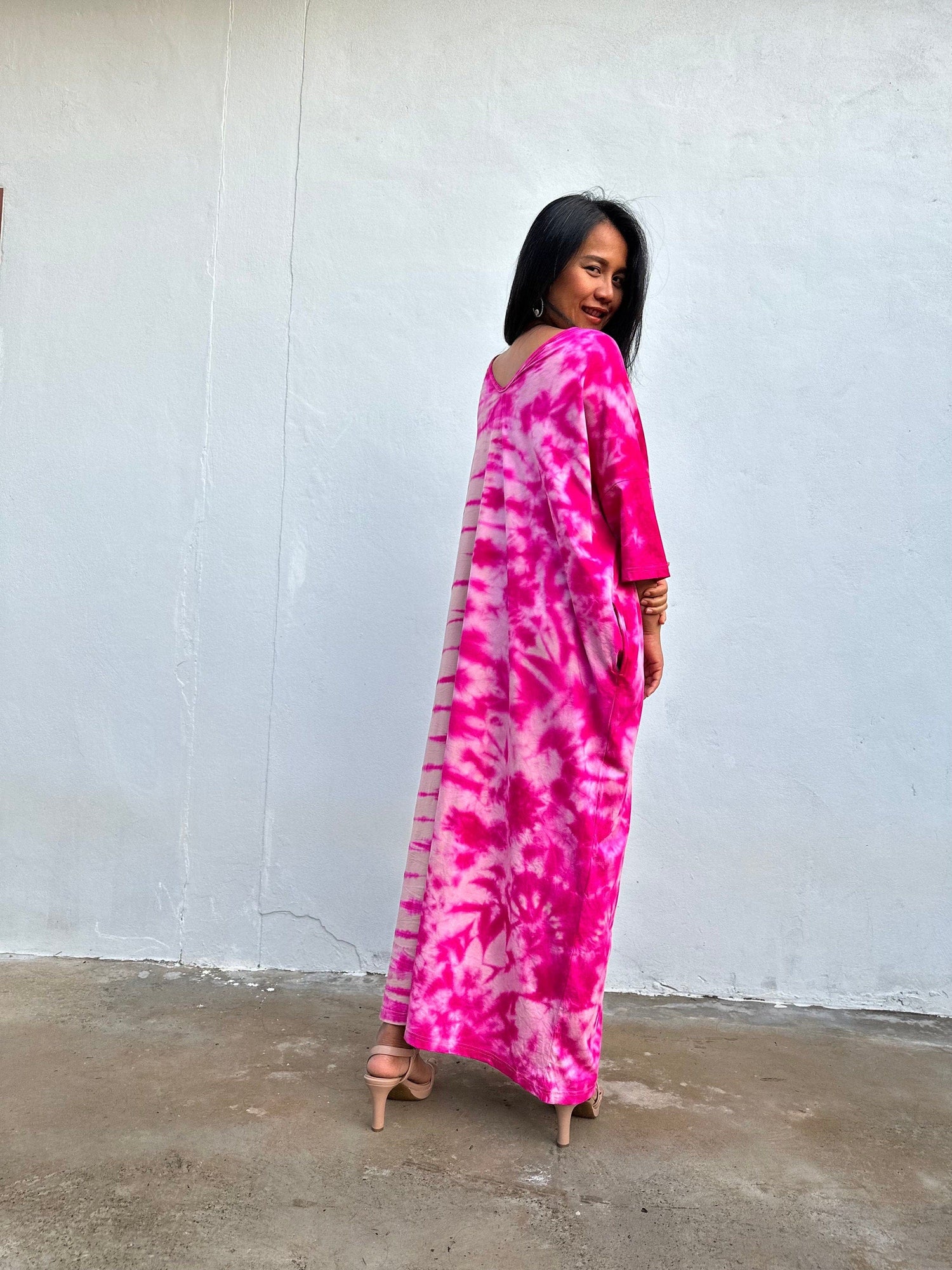Olivia Cotton Kaftan in Fuchsia & Pink Tie Dye