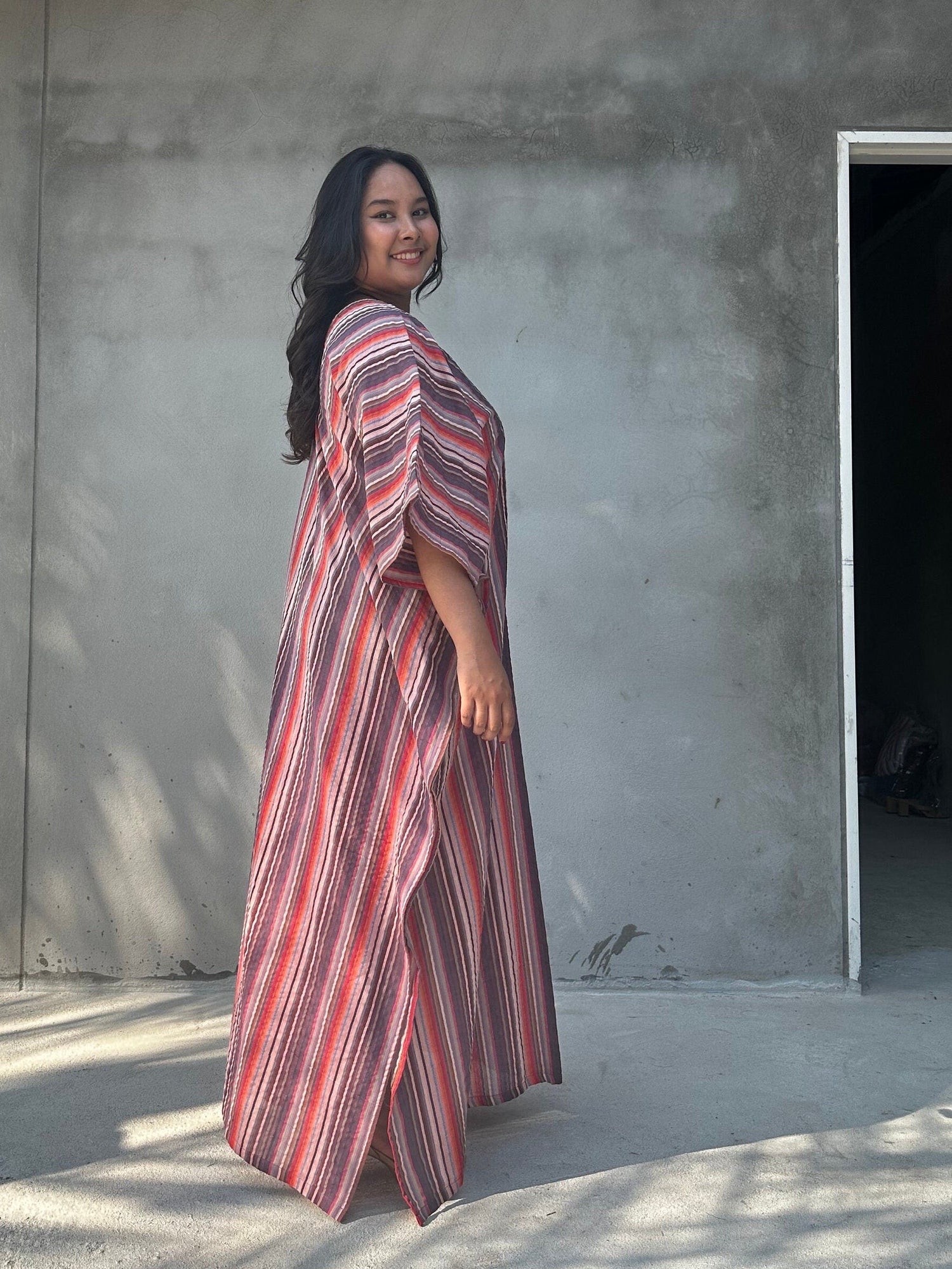 Ella Plus Size Cotton Kaftan with Mauve and Raspberry Stripes