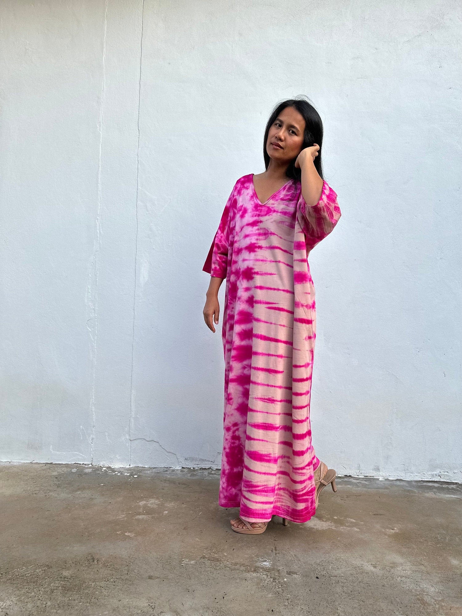 Olivia Cotton Kaftan in Fuchsia & Pink Tie Dye