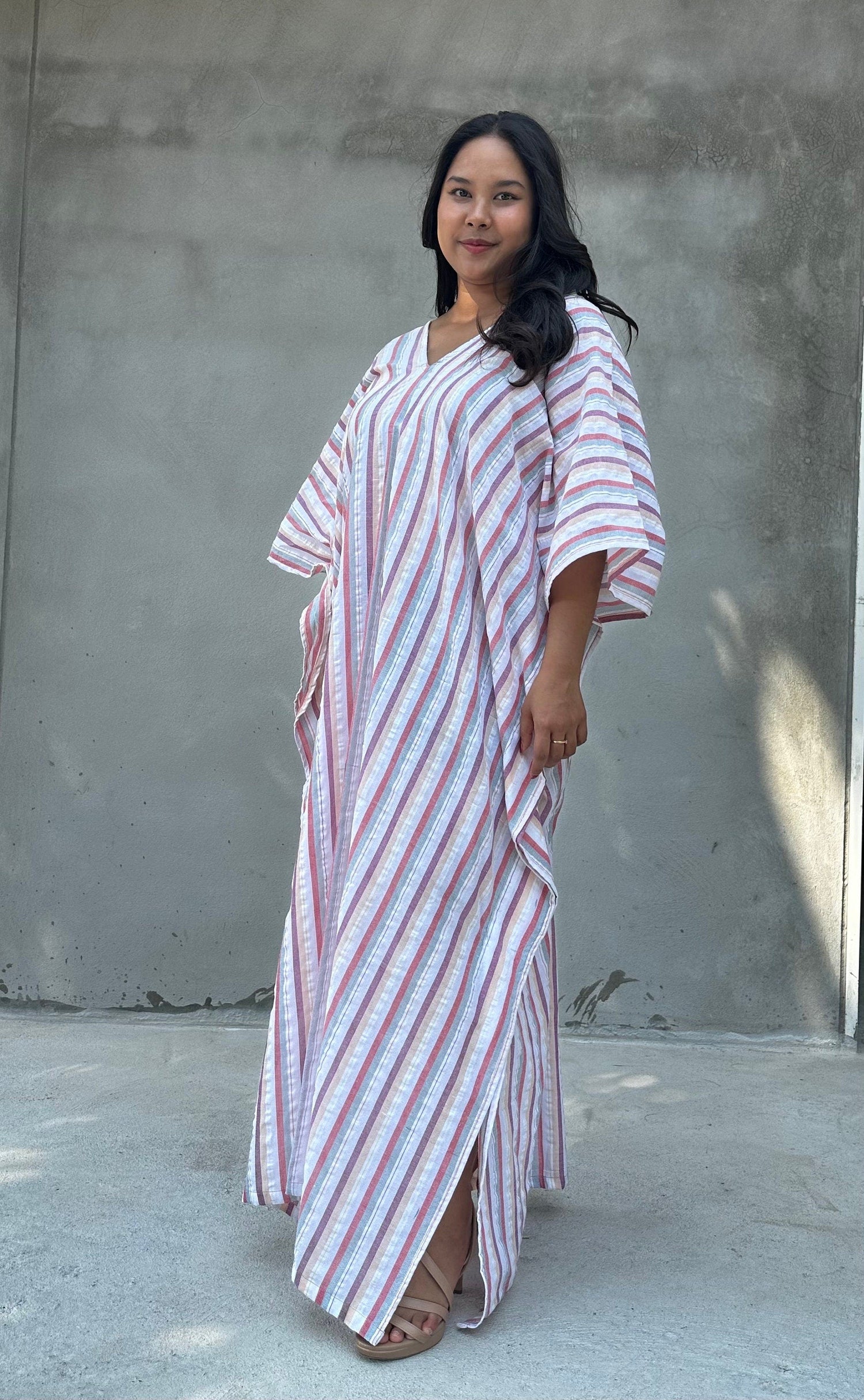 Ella Beige Striped Kaftan front view