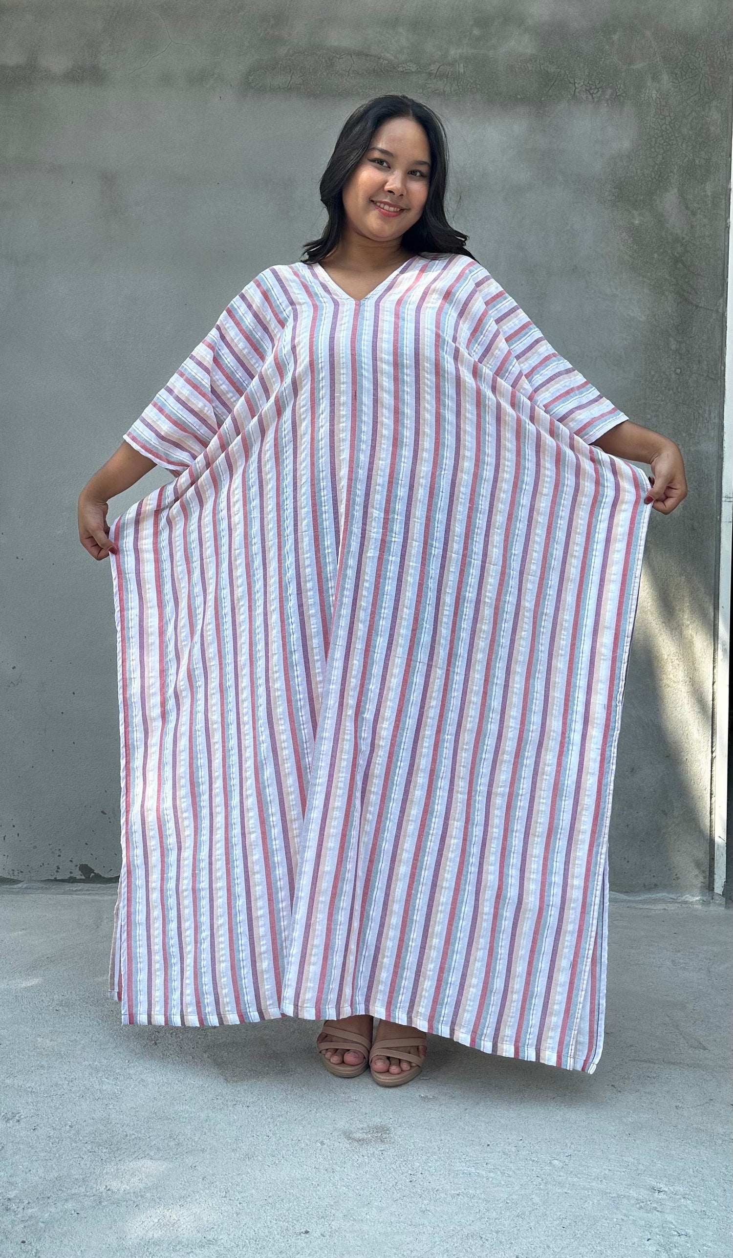 Ella Plus Size Cotton Kaftan with Beige Stripes