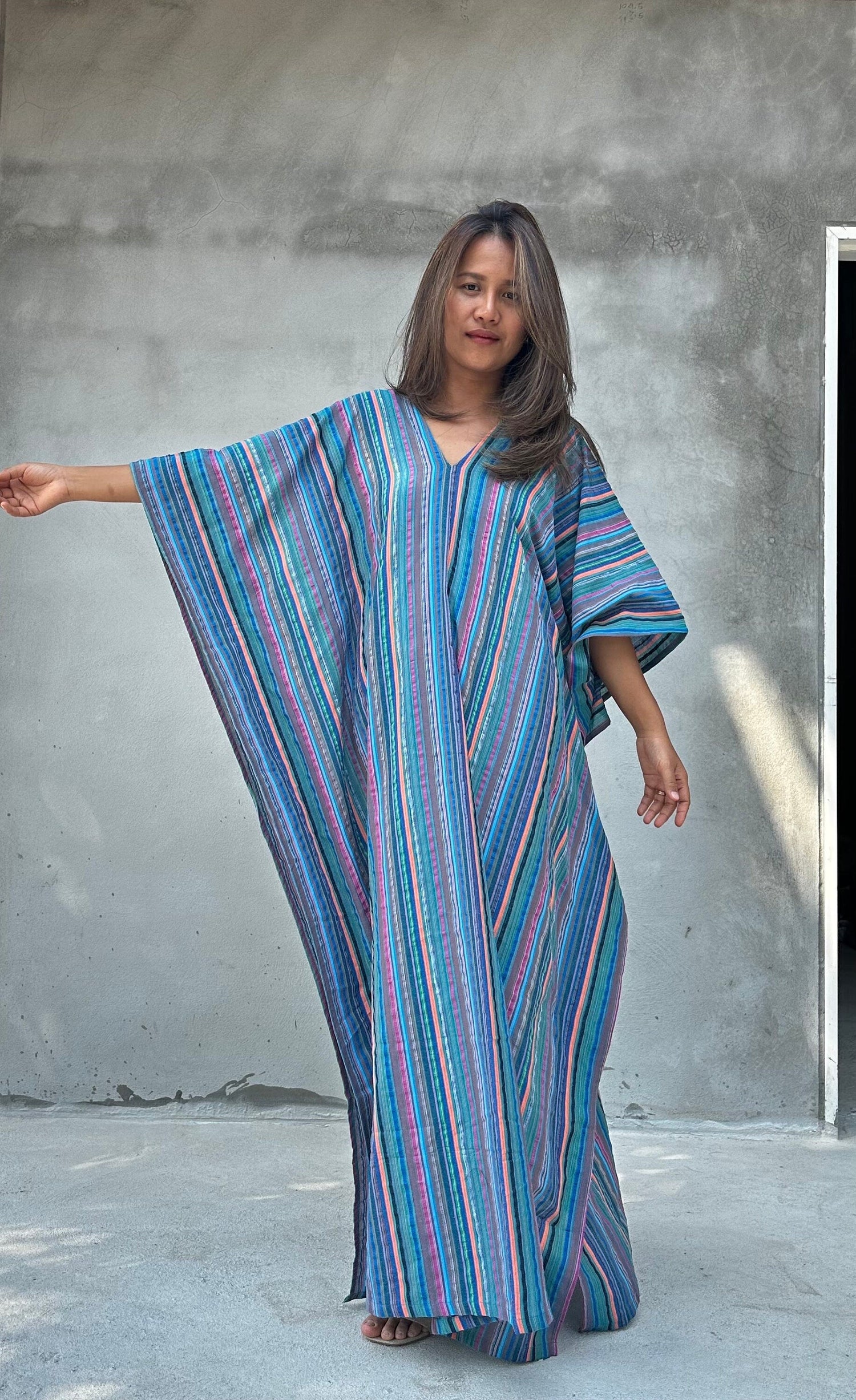 Ella Plus Size Cotton Kaftan with Blueberry Blue Stripes