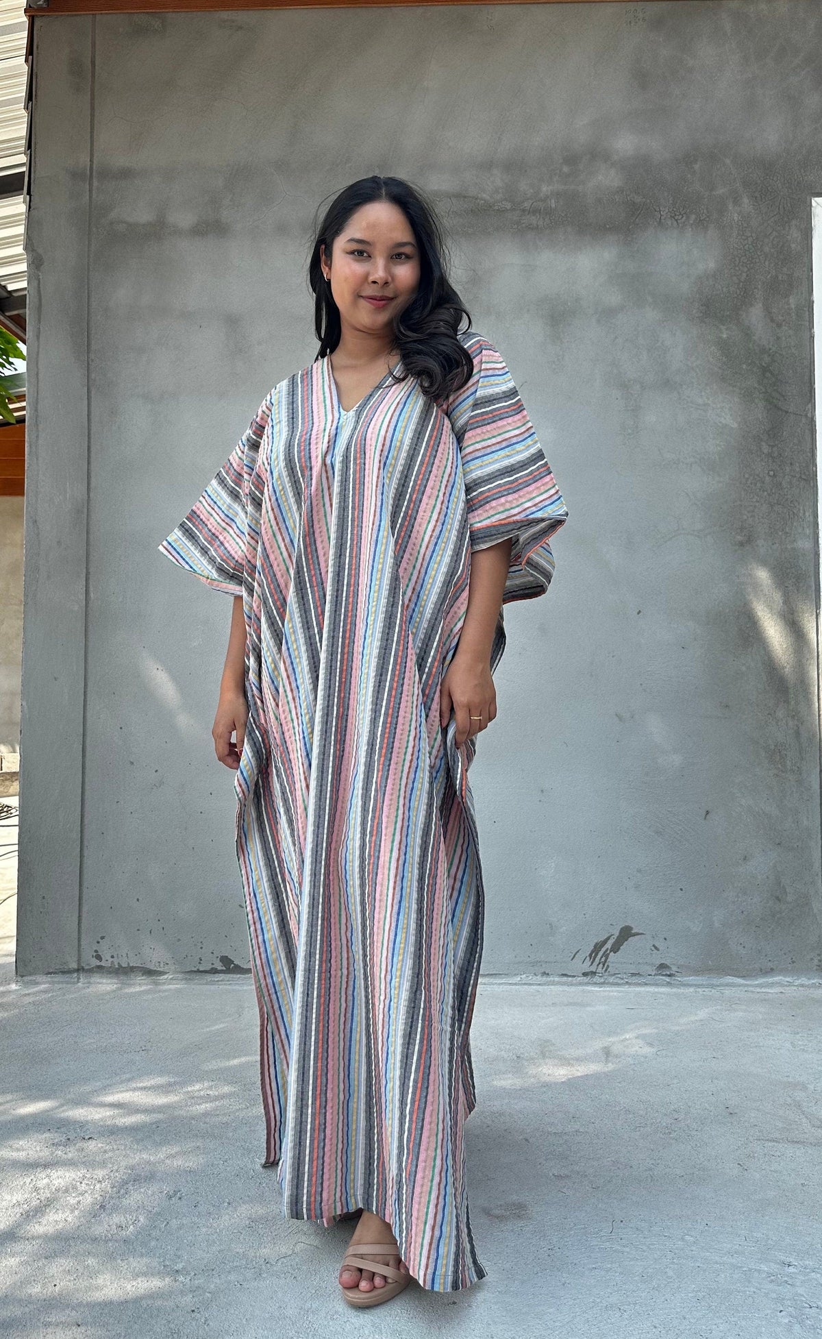 Ella Peach and Silver Striped Kaftan front view