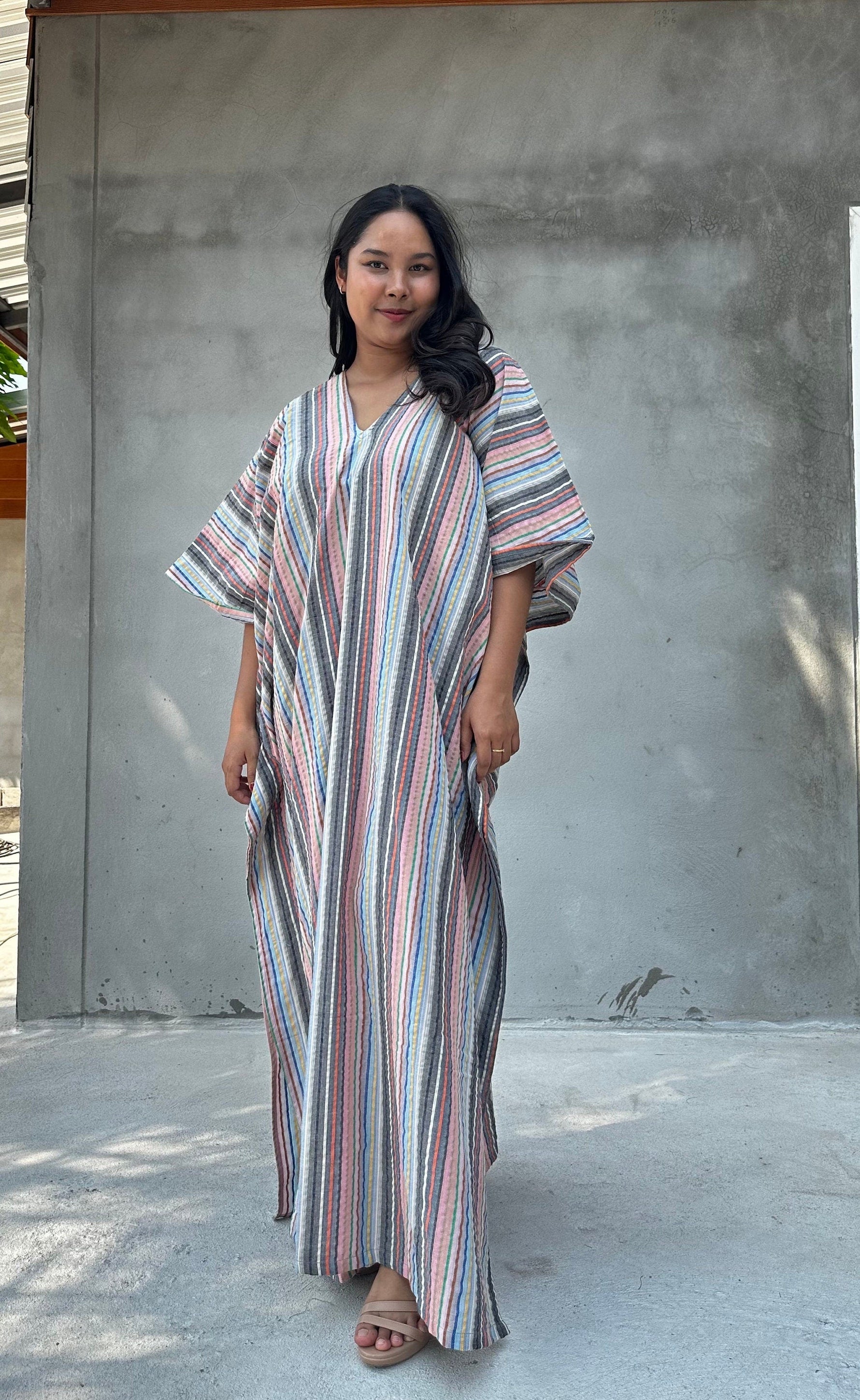Ella Peach and Silver Striped Kaftan front view