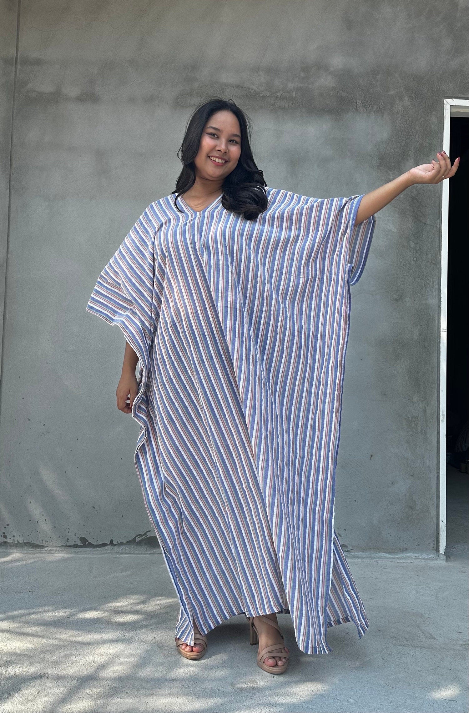 Ella Plus Size Cotton Kaftan with Mist Stripes
