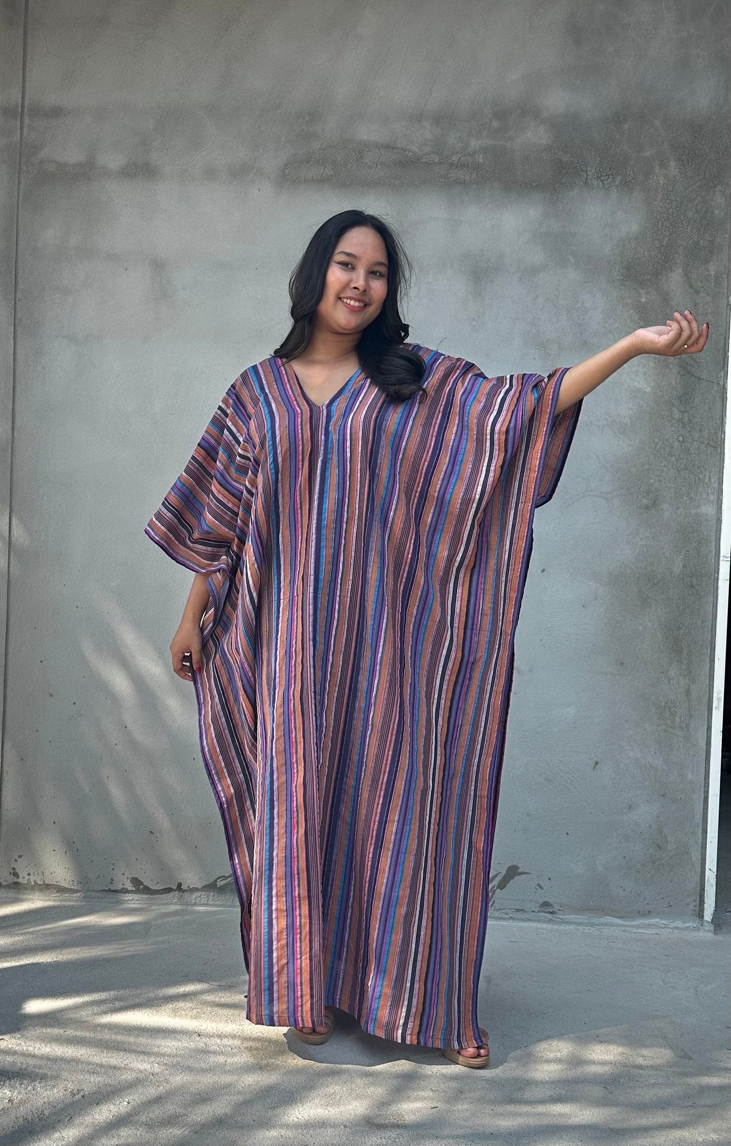 Ella Plus Size Cotton Kaftan with Purple Stripes