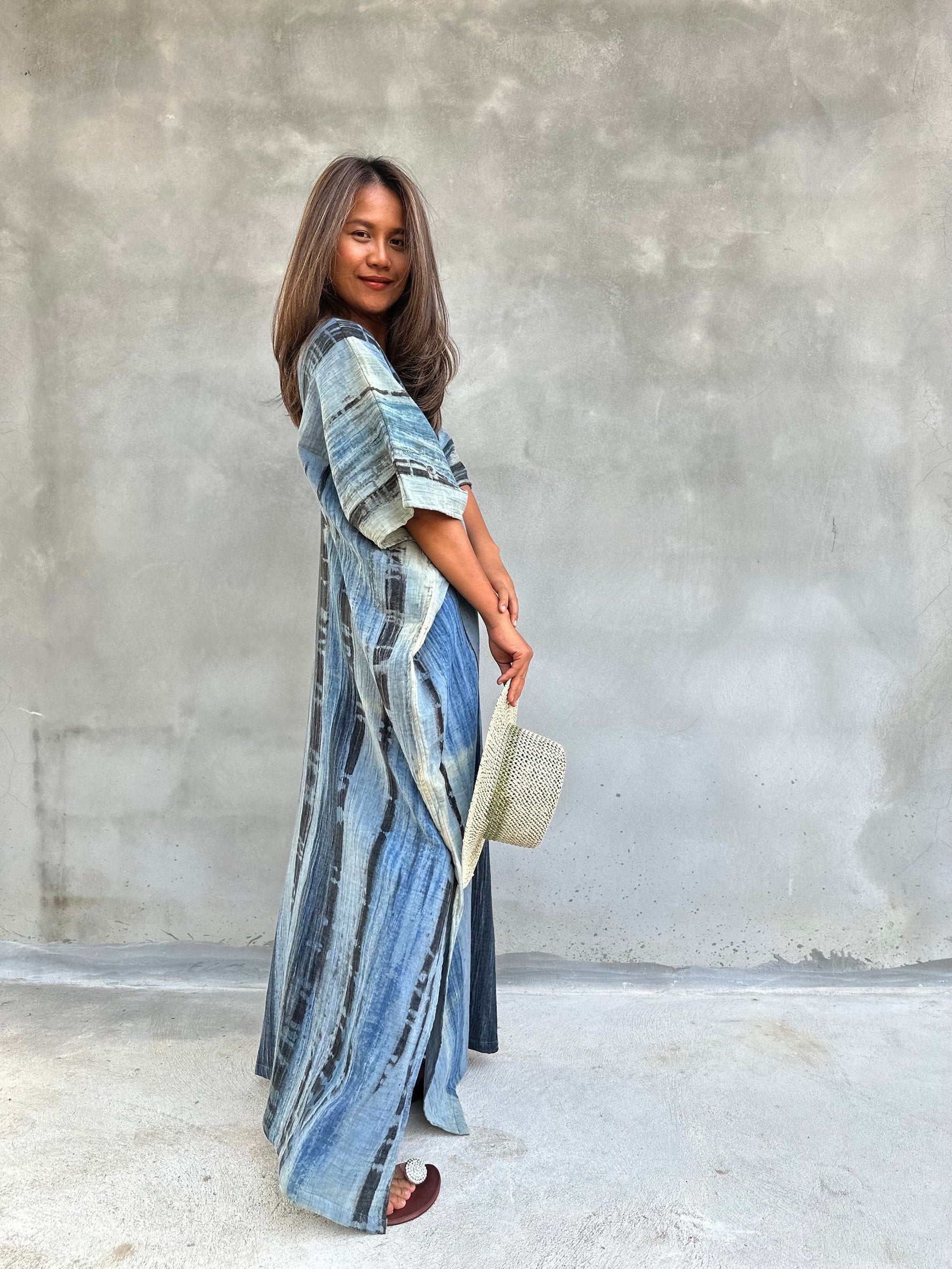 Amina Blue and Black Striped Kaftan front view