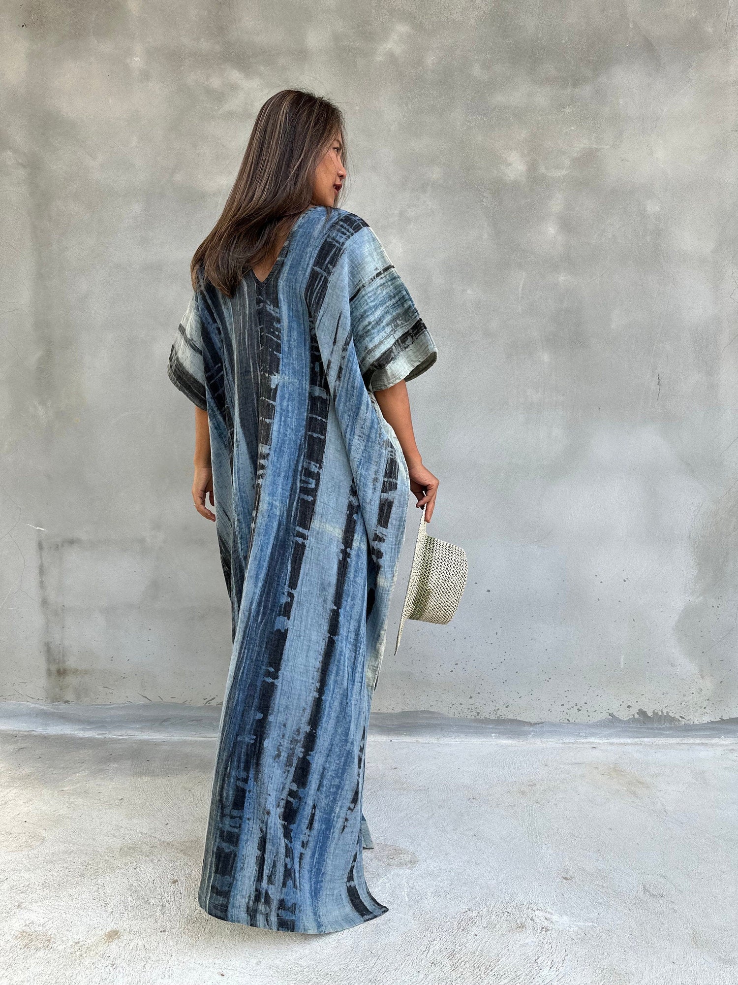 Amina Hand-Painted Double Gauze Cotton Kaftan - Blue and Black Striped Pattern