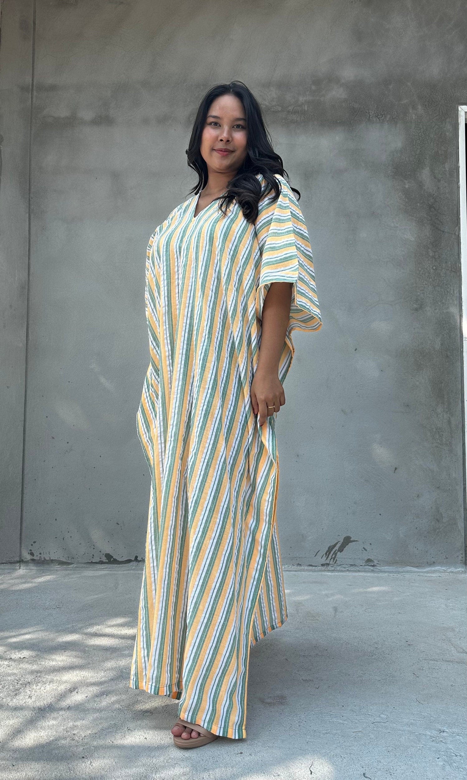 Ella Plus Size Cotton Kaftan with Yellow and Sage Stripes