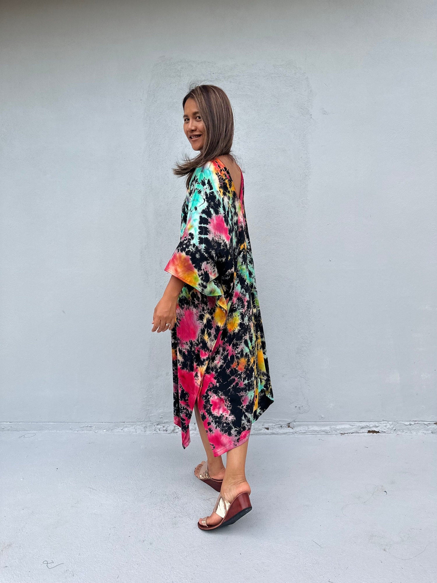 Fiona Kaftan in Black & Rainbow Tie Dye