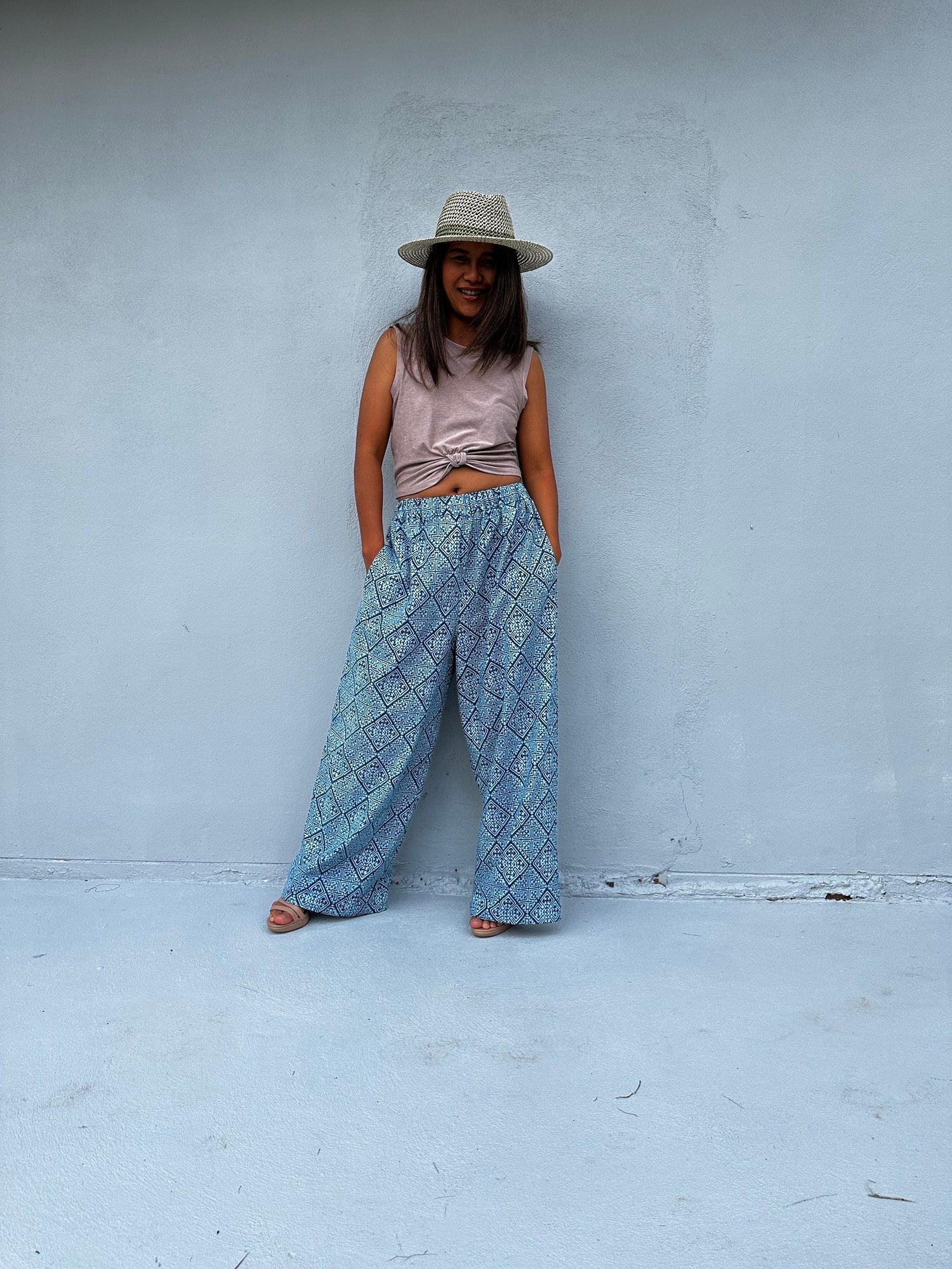 Tala Wide Leg Cotton Pants in Blue Geometric