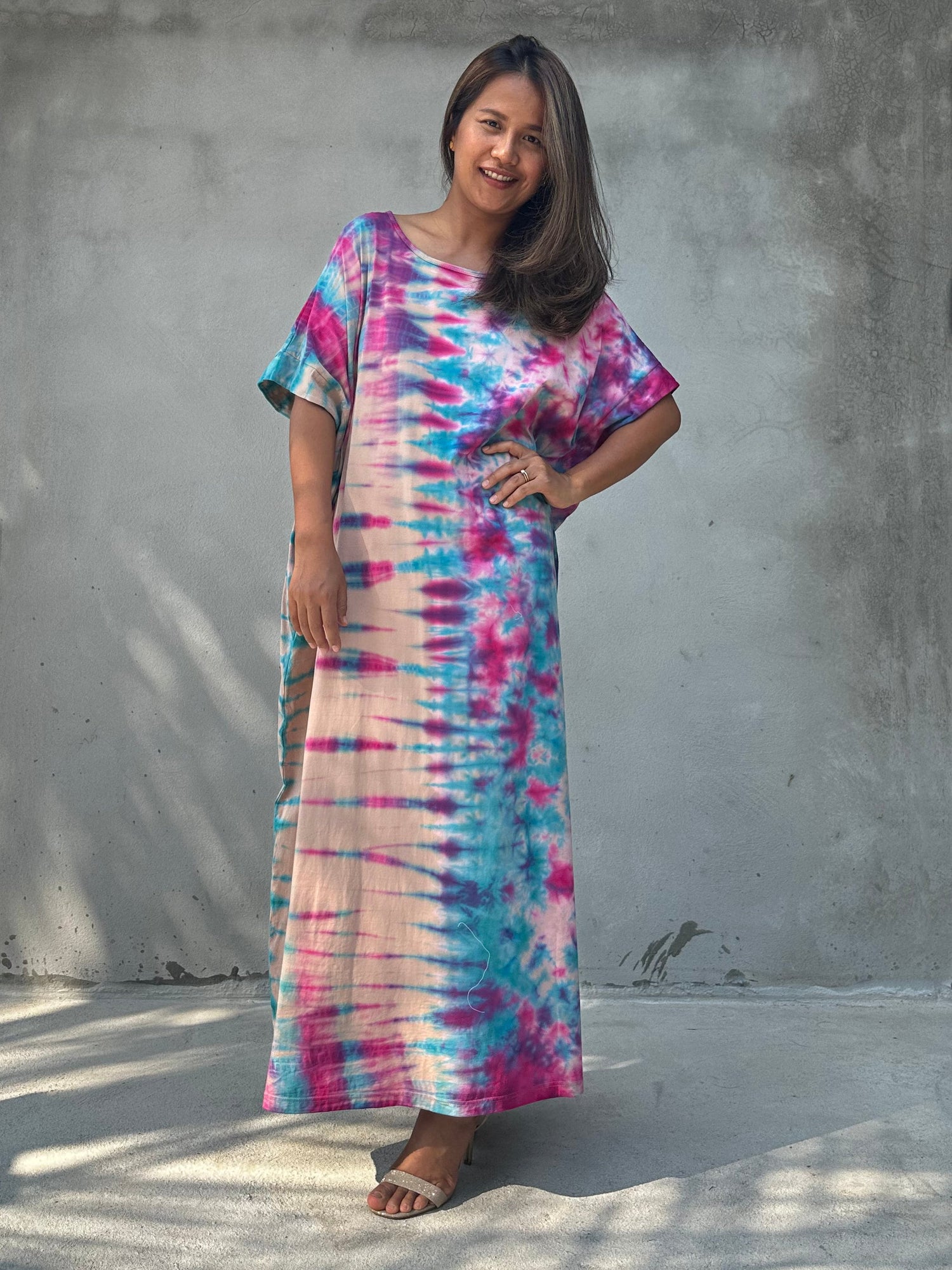 Alice Jersey Cotton Kaftan in Aqua Rainbow Tie Dye