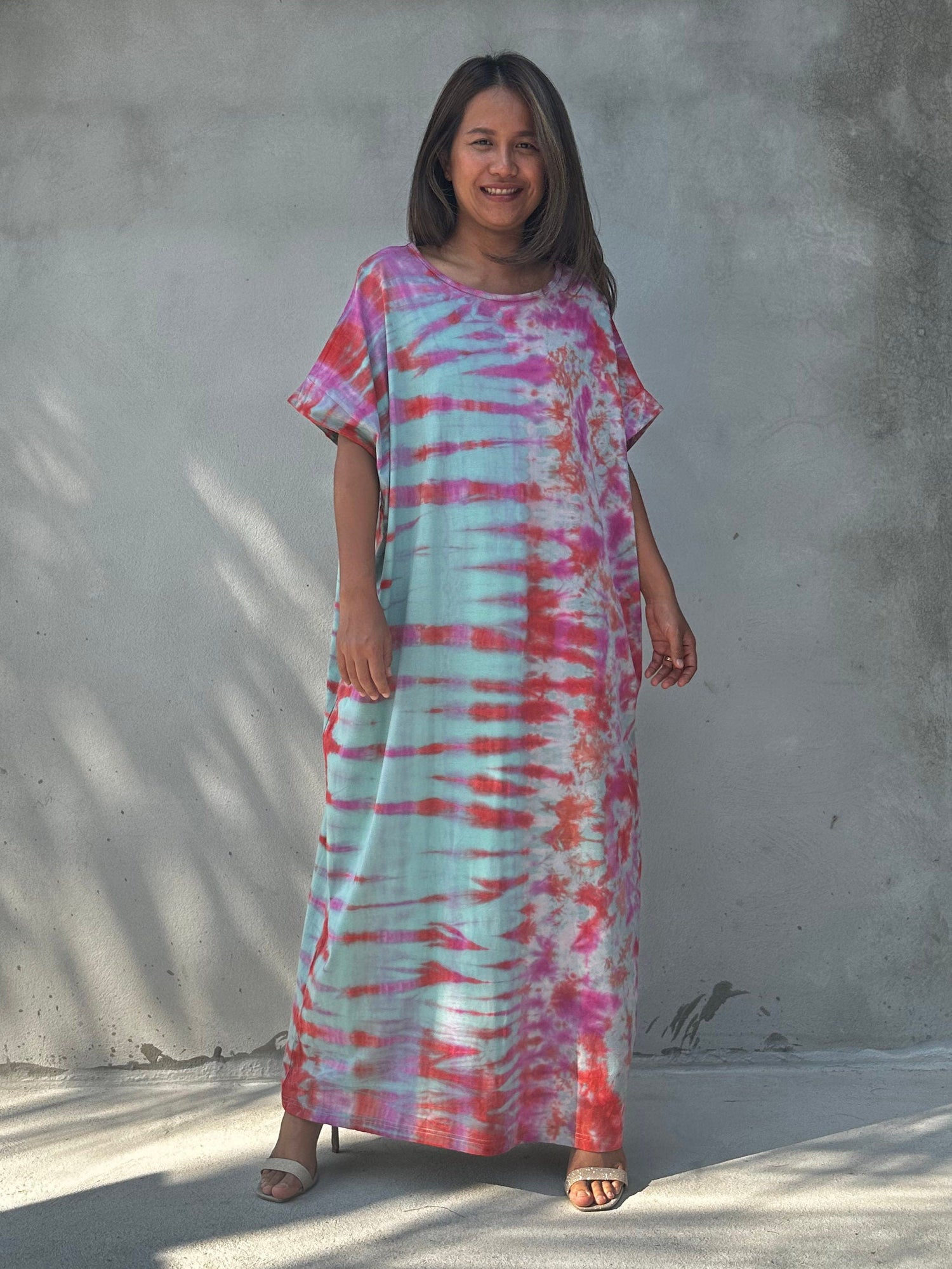Alice Jersey Cotton Kaftan in Aqua Fuchsia Tidal Tie Dye
