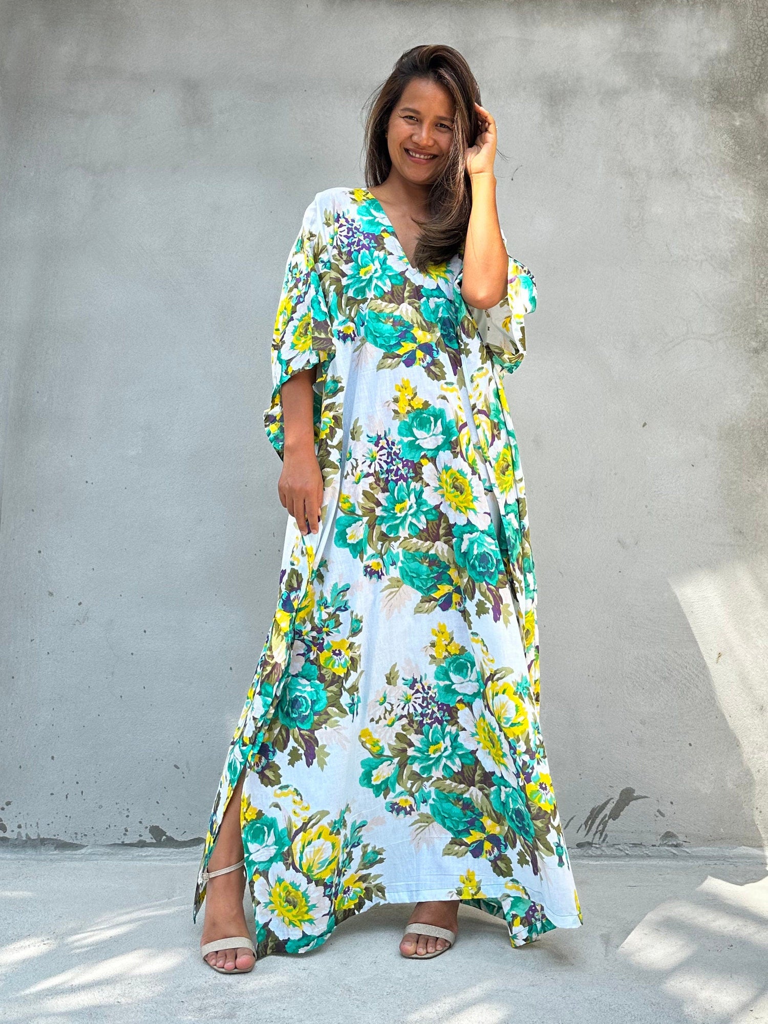 Evelyn Cotton Kaftan in White & Green Floral